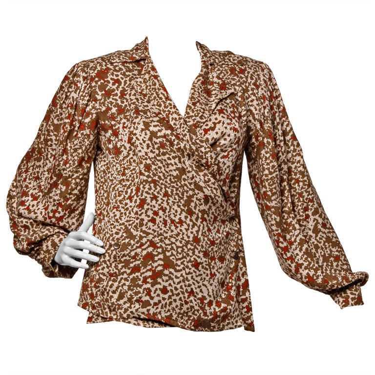 Blusa cruzada de seda estampada de Lanvin, vintage de los años 80 (década de 1980)