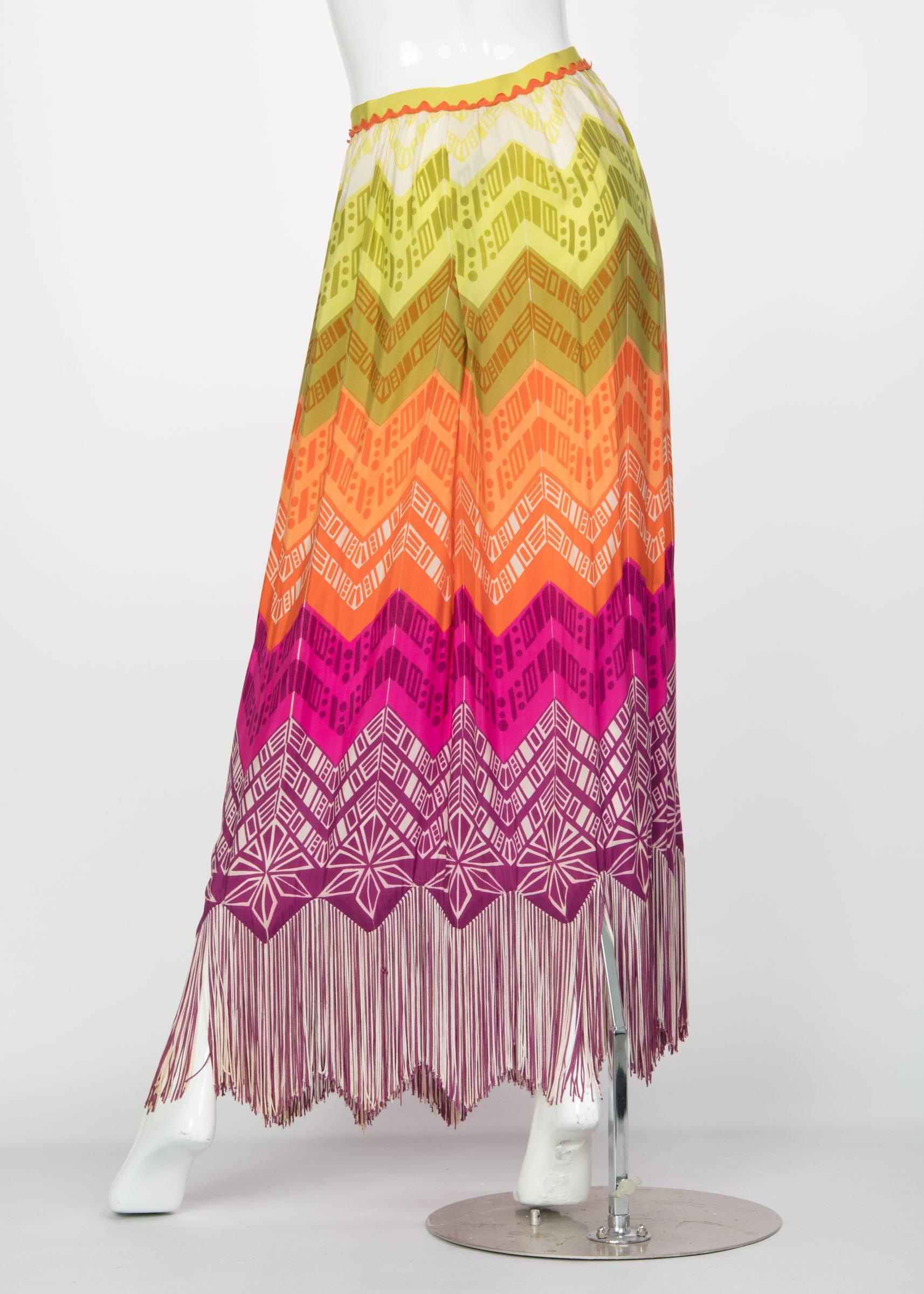 Brown Lanvin Silk Rainbow Multicolor Print Fringe Maxi Skirt, 1970s