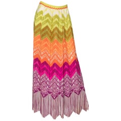 Lanvin Silk Rainbow Multicolor Print Fringe Maxi Skirt, 1970s