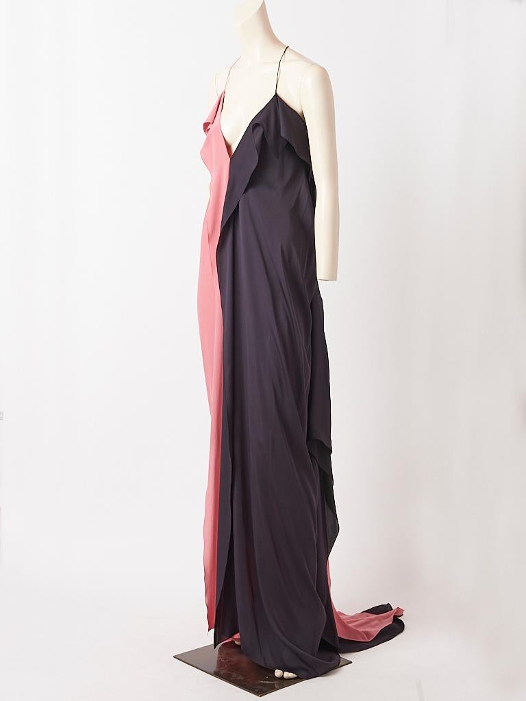 Alber Elbaz, summer, 2013, silk, bi-color, long slip dress, cut on the bias, having a train in the back.  Dress is split in half with a dusty pink on one side and black on the other side. At the back, the bias panels are pieced together creating a