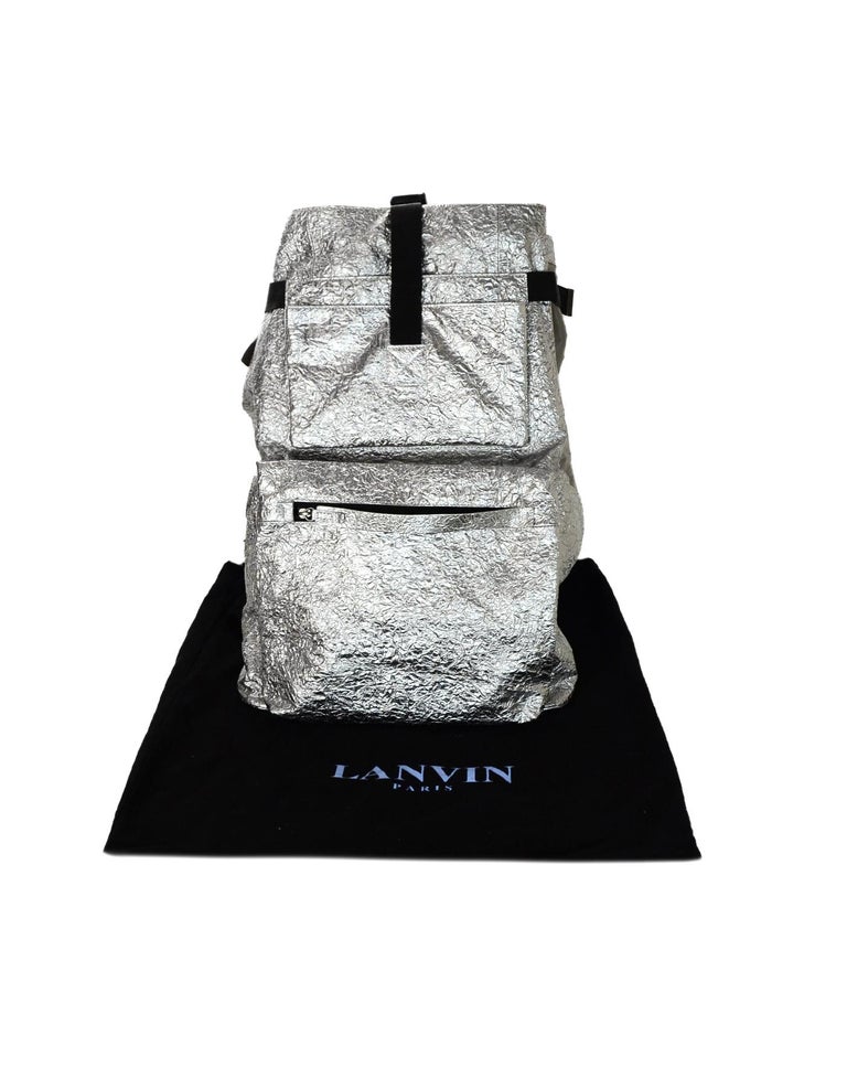 Lanvin Silver Metallic/Grey Crinkle Leather Large Backpack For Sale at ...