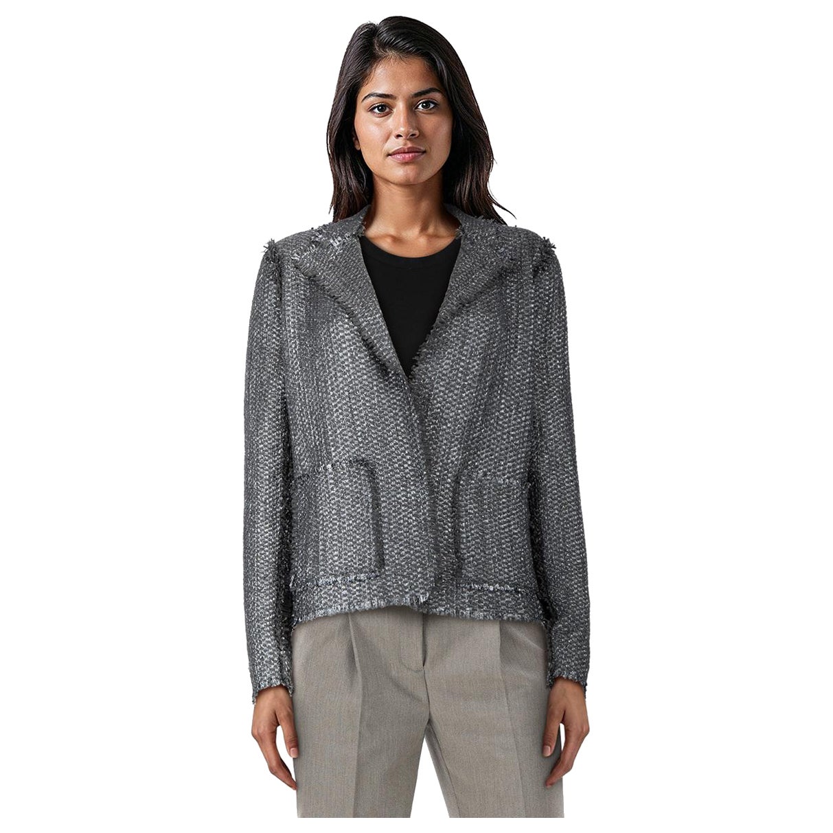 Lanvin Silver Metallic Tweed Fitted Jacket Size XL en vente