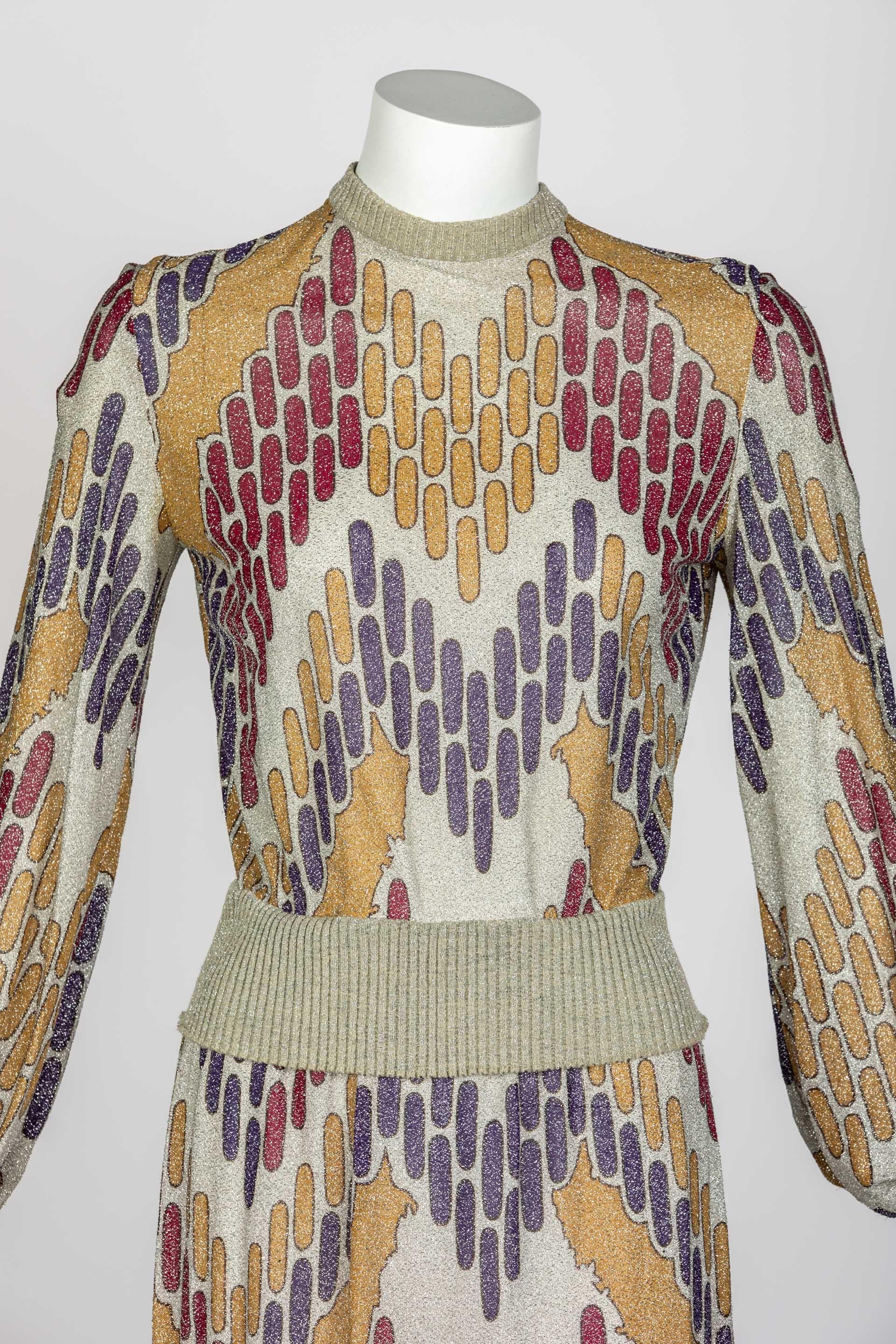  Lanvin Silver Print Maxi Dress Knit Details, 1970s In Good Condition In Boca Raton, FL
