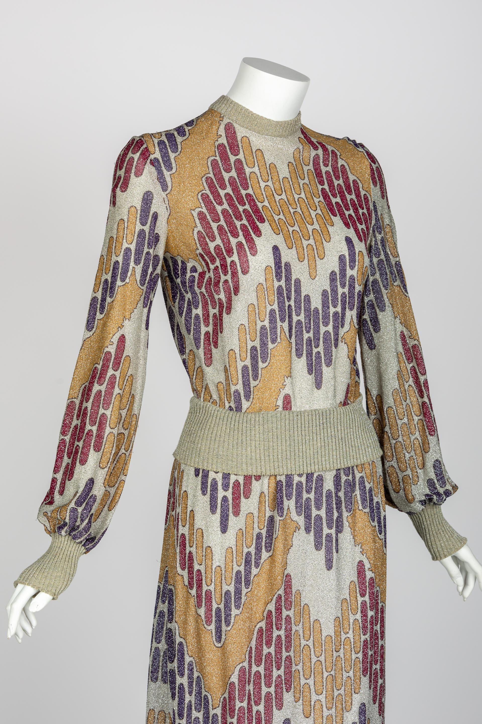 Women's  Lanvin Silver Print Maxi Dress Knit Details, 1970s