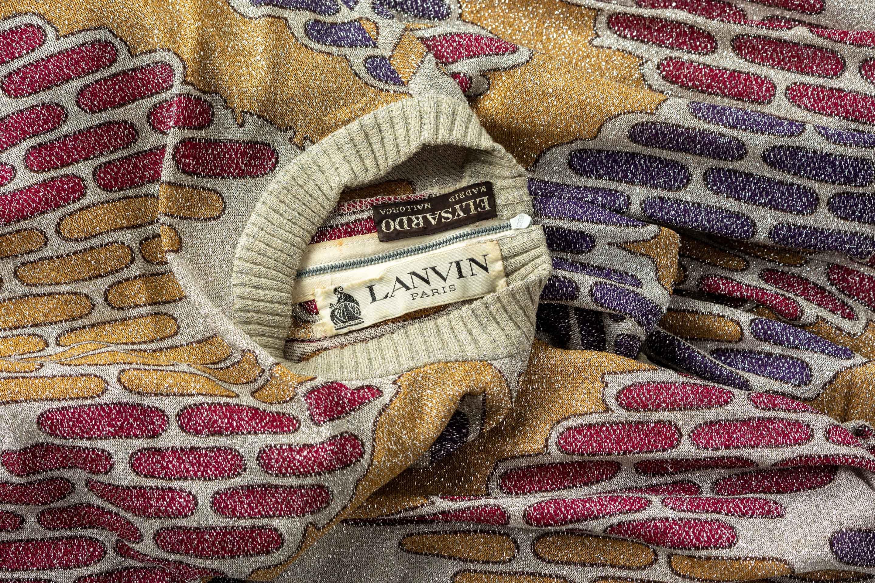  Lanvin Silver Print Maxi Dress Knit Details, 1970s 1