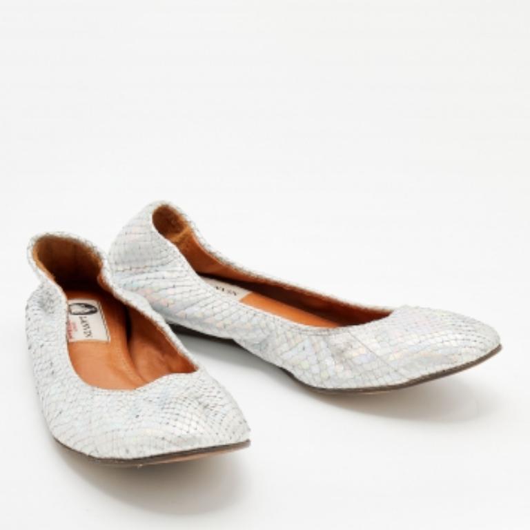Donna Lanvin Ballerine in pelle goffrata con pelle di serpente argento misura 38 in vendita