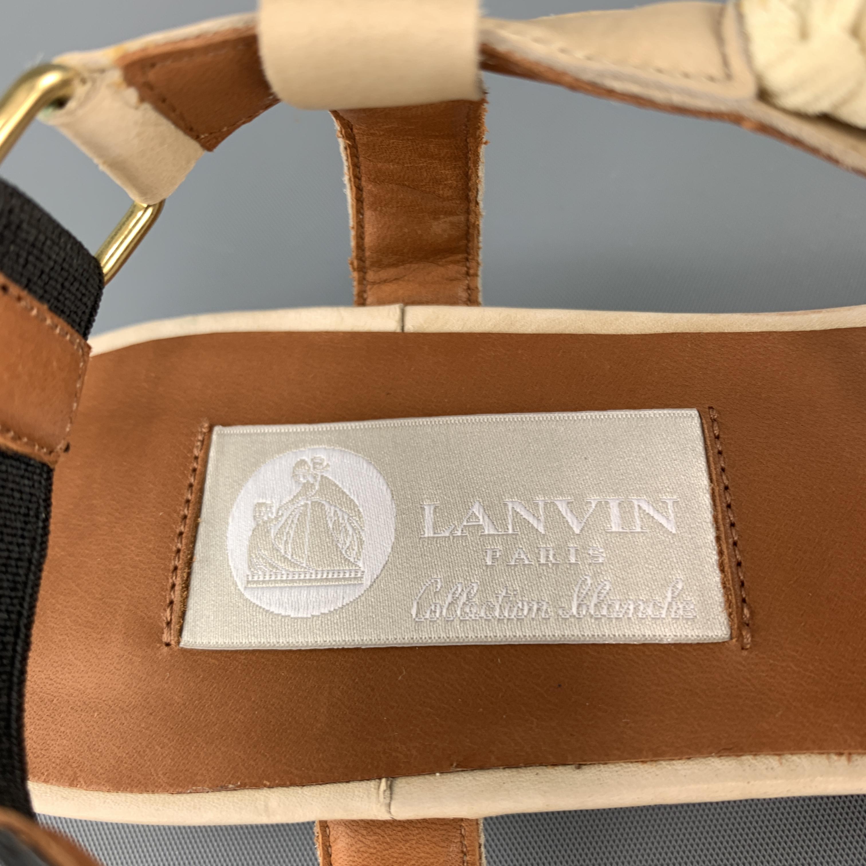 LANVIN Size 10 Beige Leather Faux Pearl Crochet Thong Sandals 2