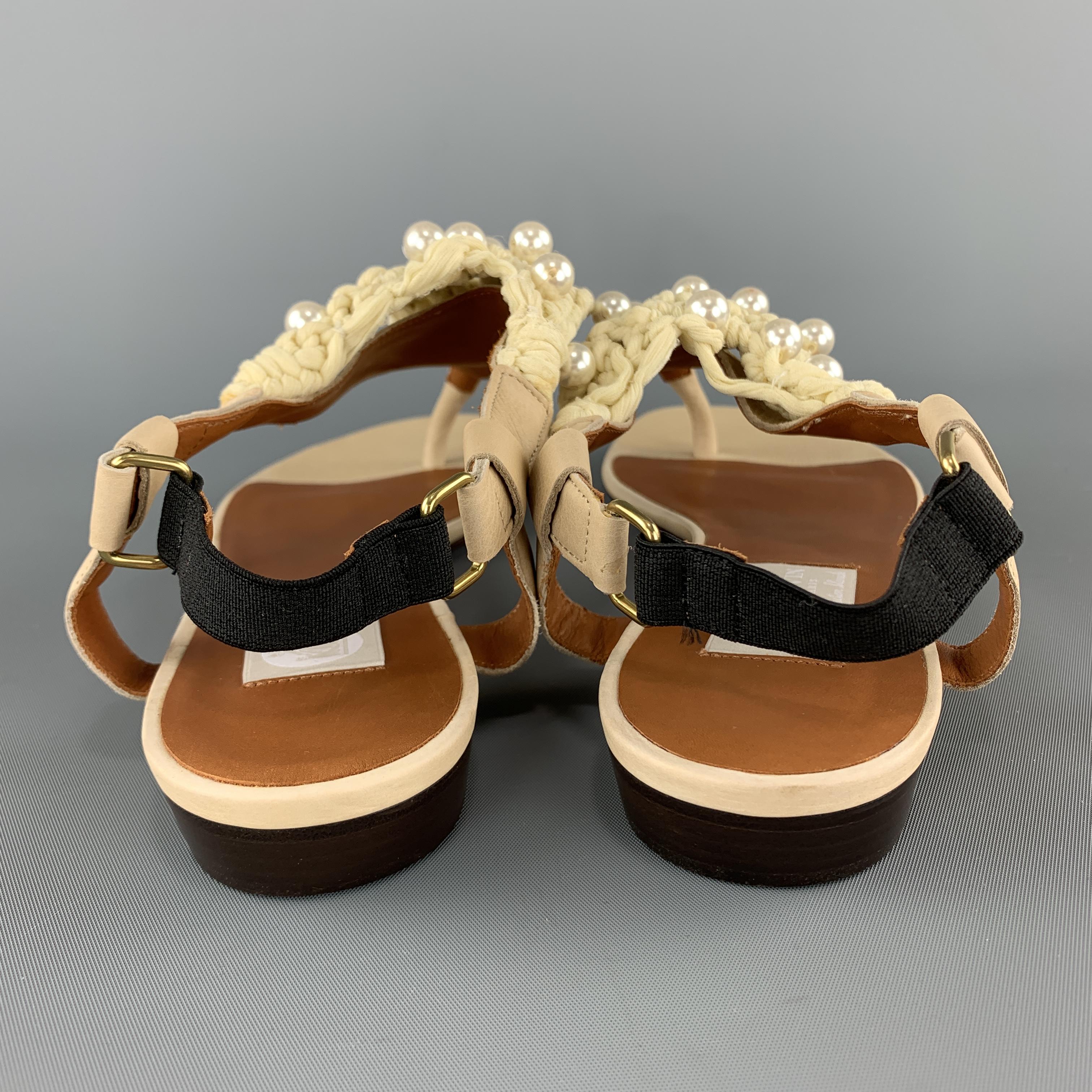 LANVIN Size 10 Beige Leather Faux Pearl Crochet Thong Sandals 3