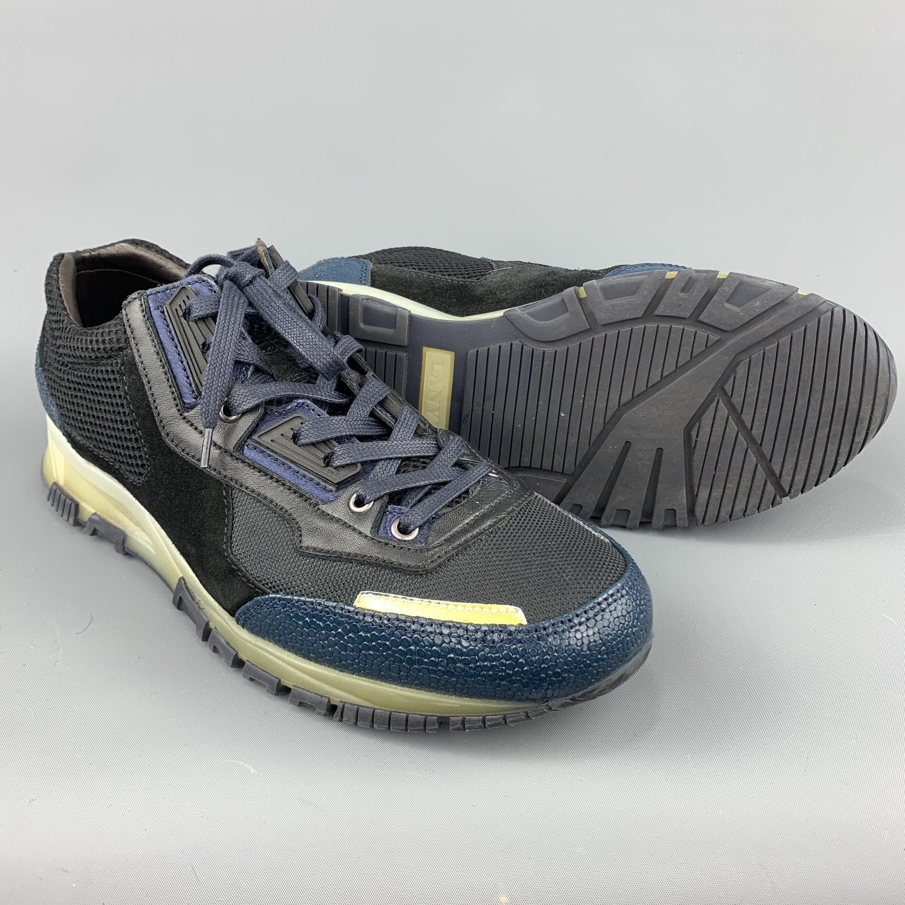 Men's LANVIN Size 10 Black & Blue Color Block Refective Lace Up Sneakers