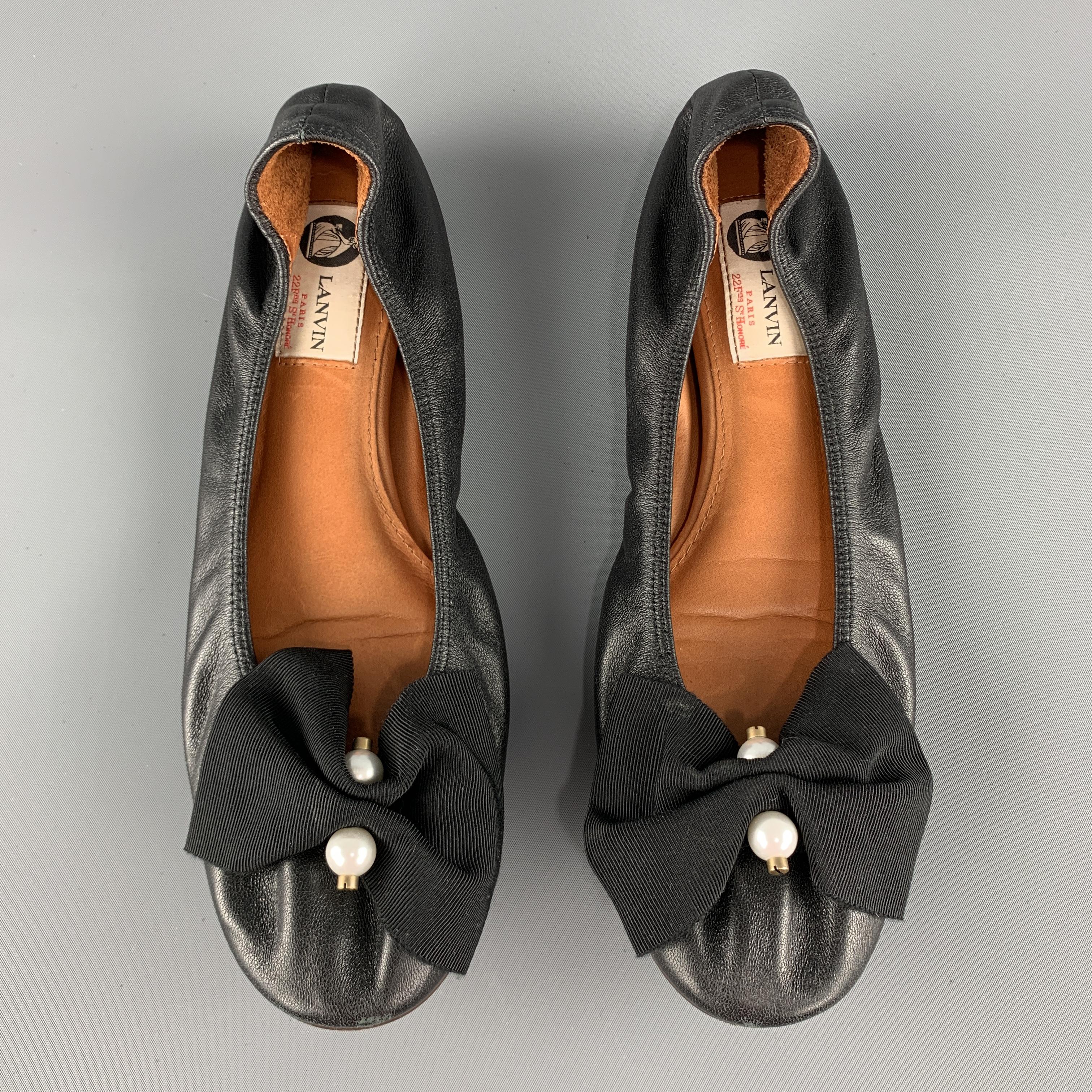 LANVIN Size 10 Black Leather Ballet Flats In Good Condition In San Francisco, CA
