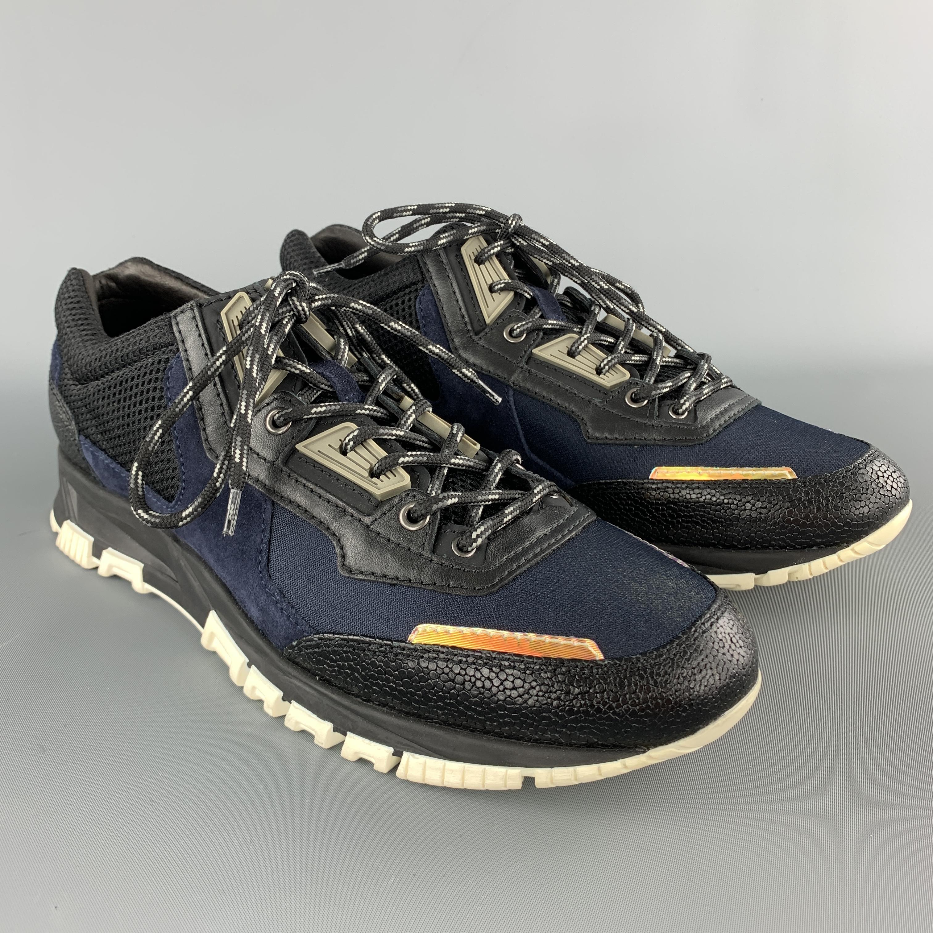 LANVIN Size 10 Black & Navy Mesh& Leather Metallic Lace Up Sneakers In Excellent Condition In San Francisco, CA
