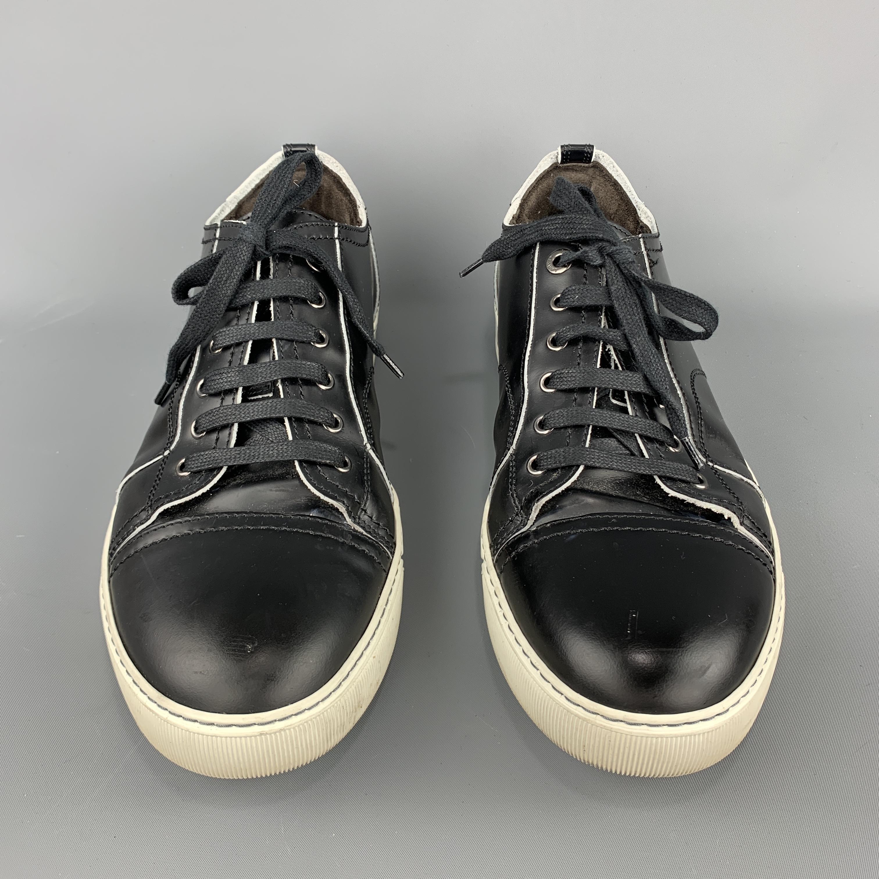 Men's LANVIN Size 10 Black Smooth Leather Lace Up Cap Toe Sneakers