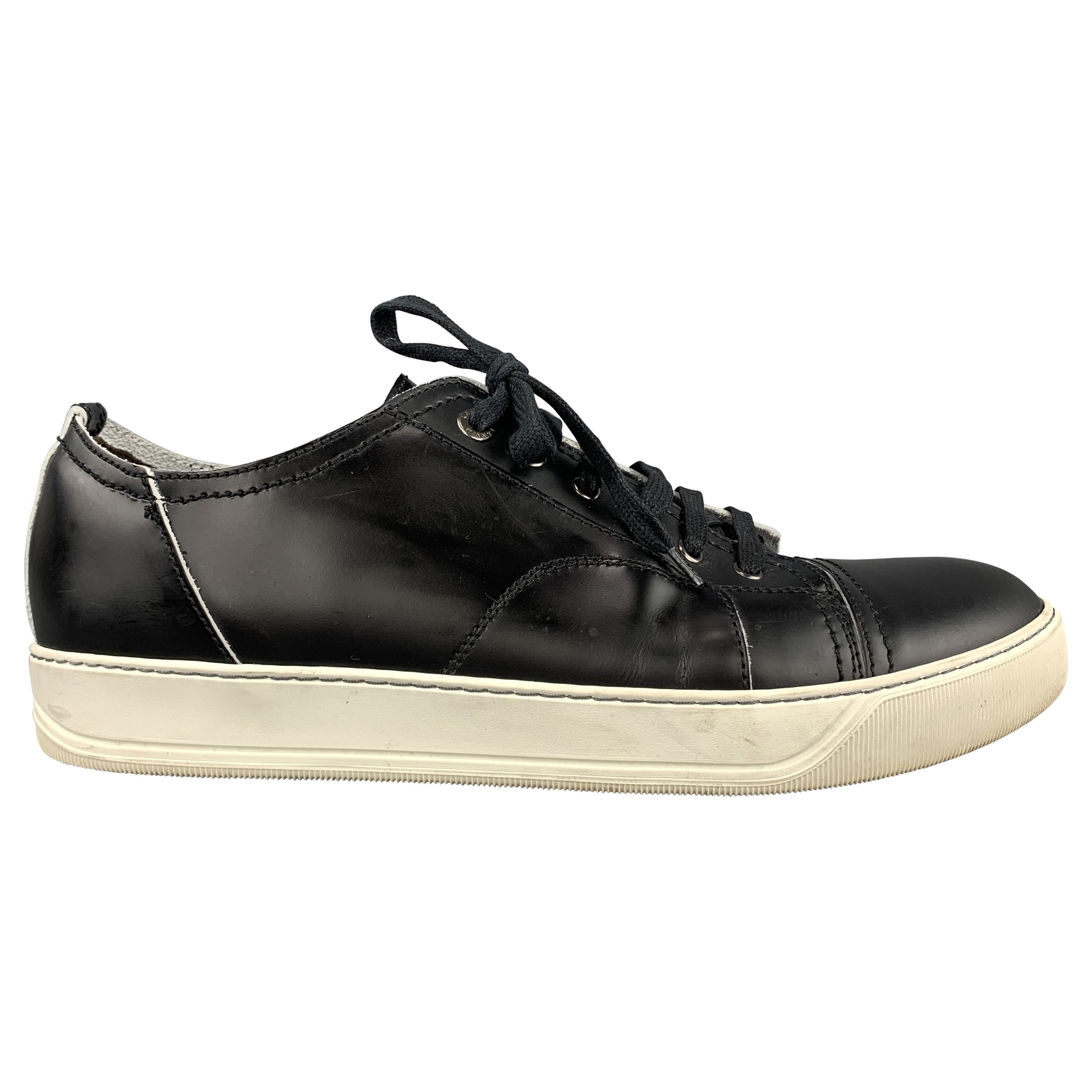 LANVIN Size 10 Black Smooth Leather Lace Up Cap Toe Sneakers