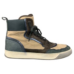 LANVIN Größe 10 Graue & Blaue Color Block Wildleder-Turnschuhe mit hohem Top