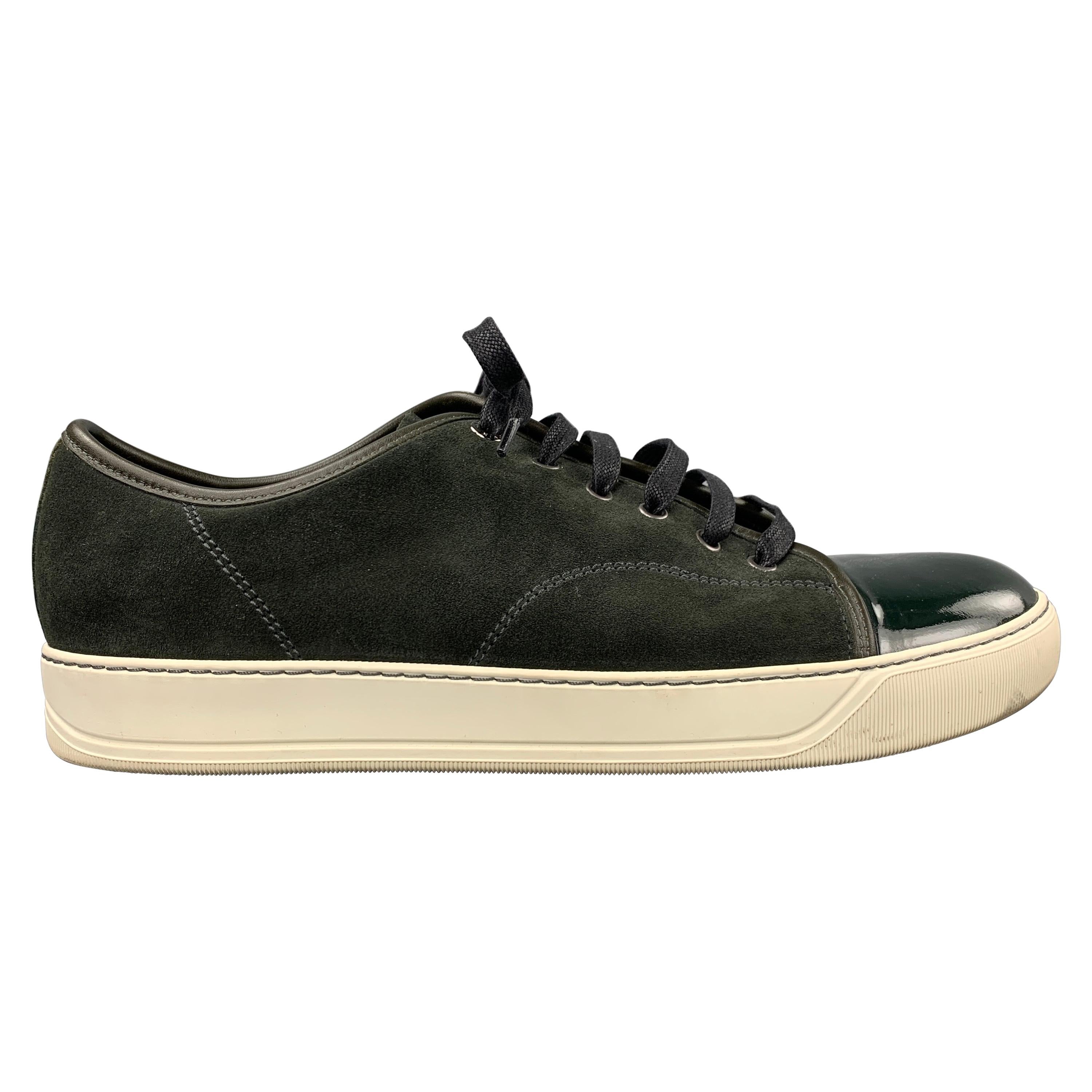 LANVIN Size 10 Olive Suede Patent Leather Cap Toe Sneakers