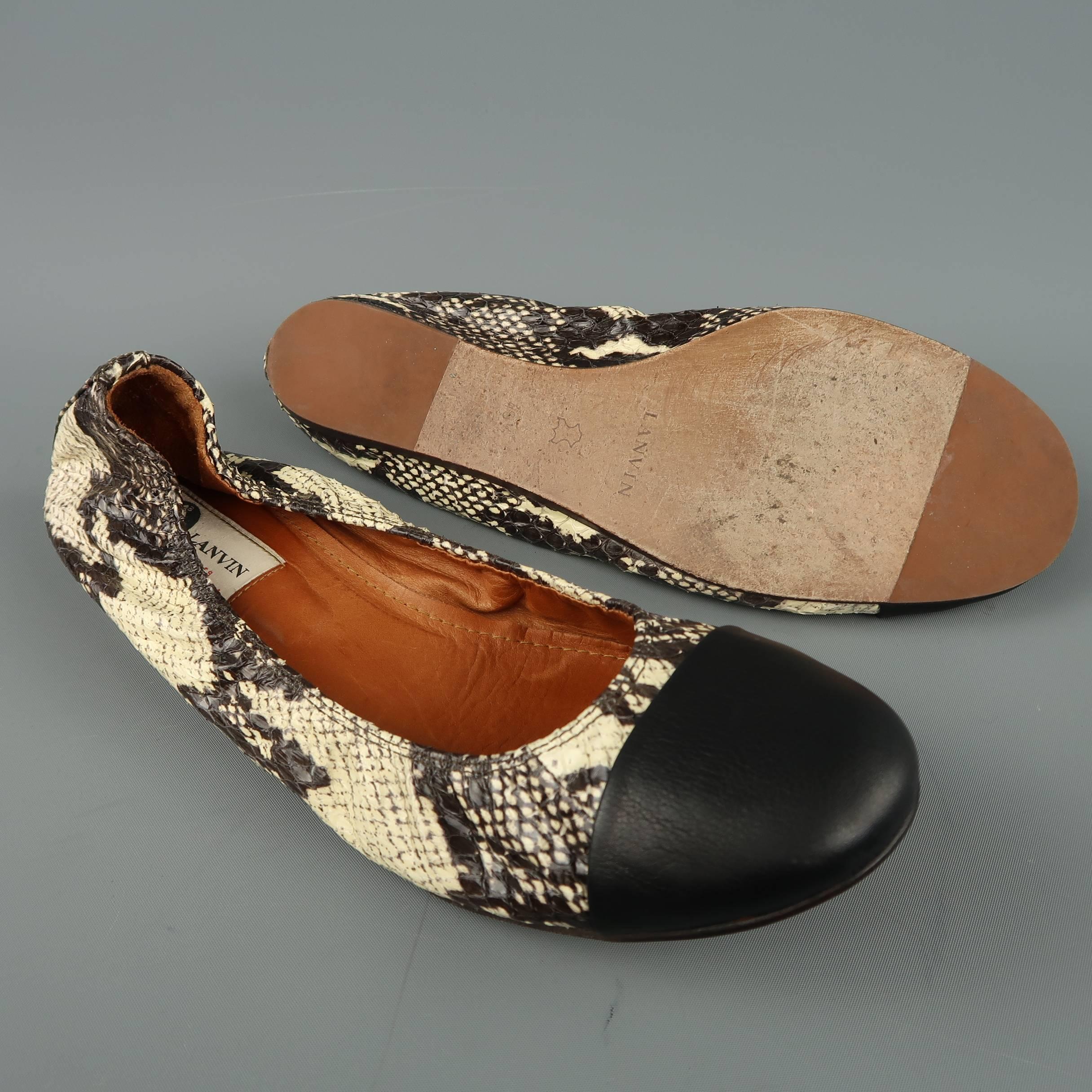 LANVIN Flats Size 10.5 Beige & Black Snake Skin Cap Toe Ballet Shoes In Good Condition In San Francisco, CA