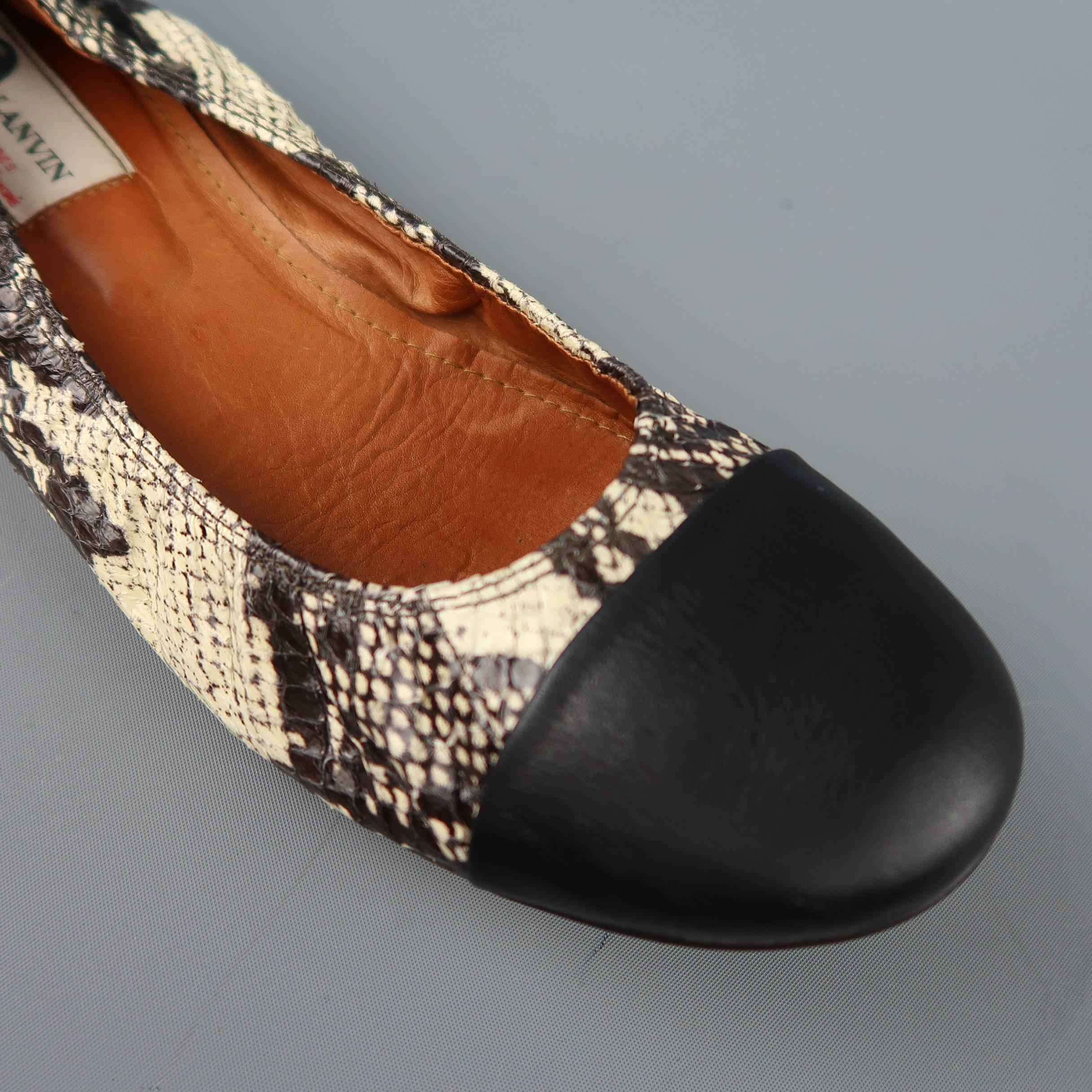 Women's LANVIN Flats Size 10.5 Beige & Black Snake Skin Cap Toe Ballet Shoes