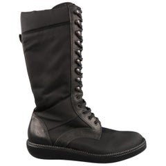 Used LANVIN Size 11 Black Nylon & Leather Calf High Boots