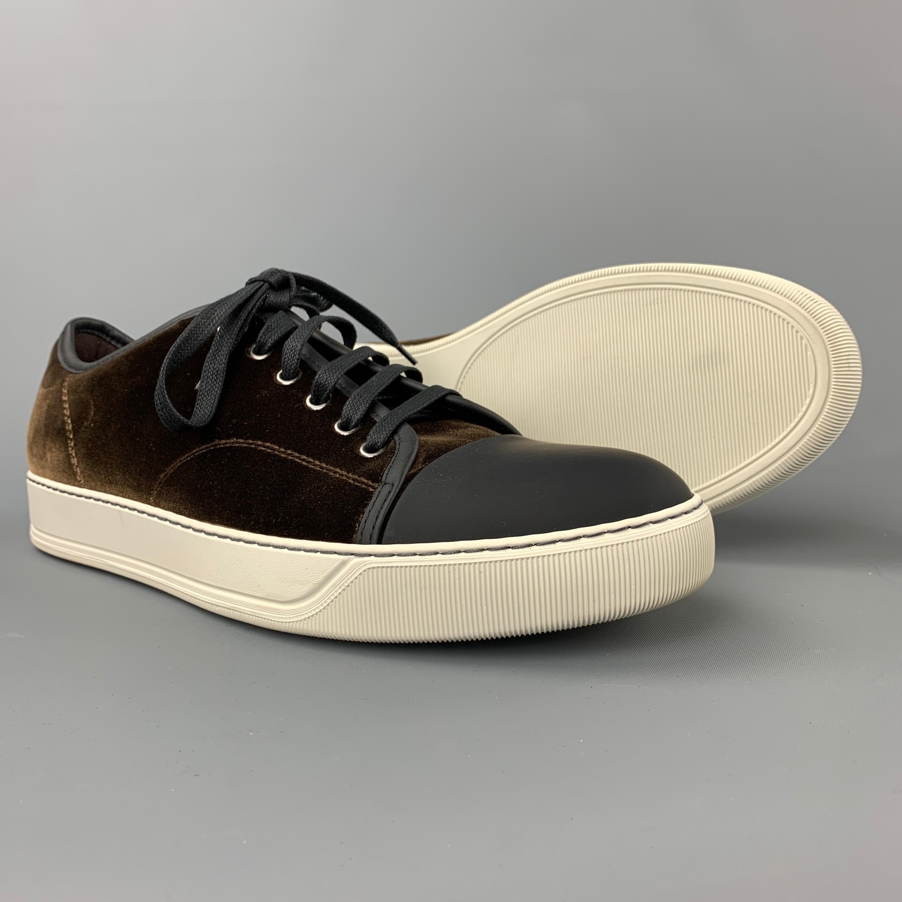 LANVIN Size 11 Brown & Black Color Block Velvet Cap Toe Sneakers In Excellent Condition In San Francisco, CA