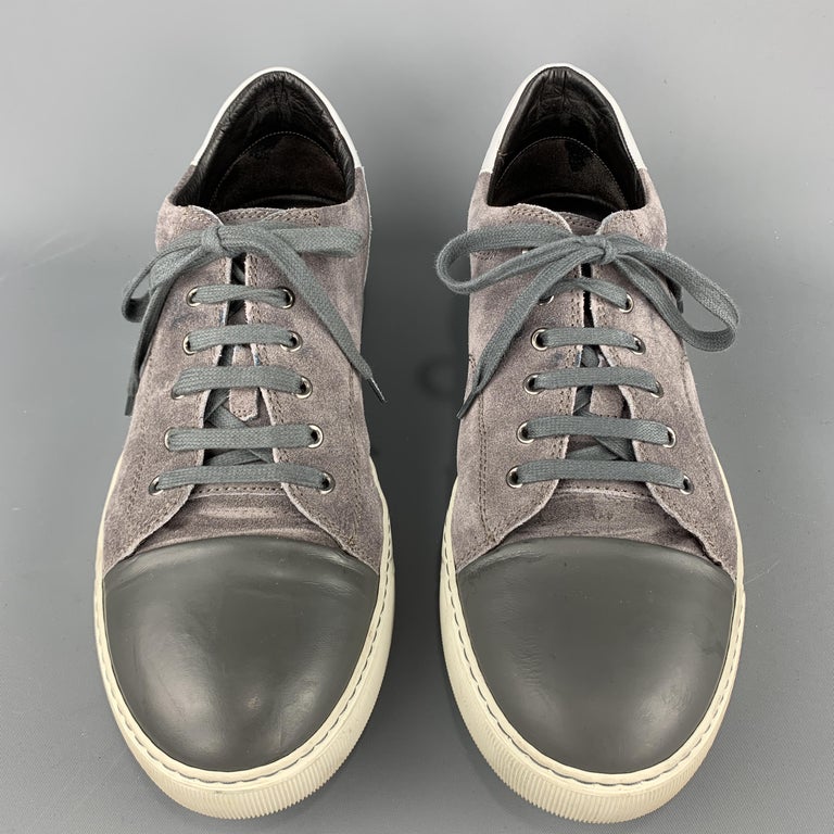 LANVIN Size 11 Gray Suede Lace Up Leather Cap Toe Lace Up Sneakers at ...