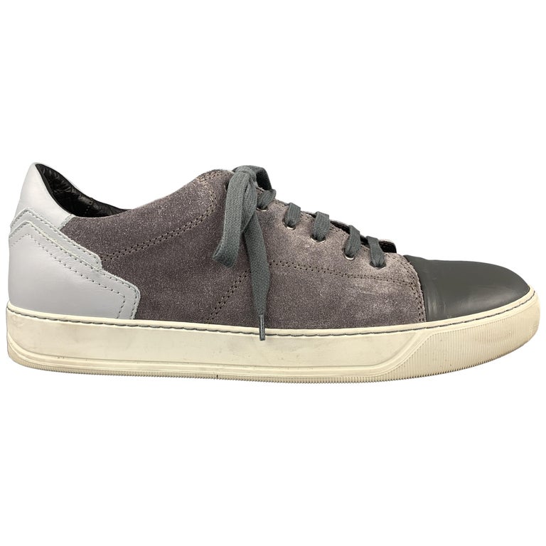 LANVIN Size 11 Gray Suede Lace Up Leather Cap Toe Lace Up Sneakers at ...