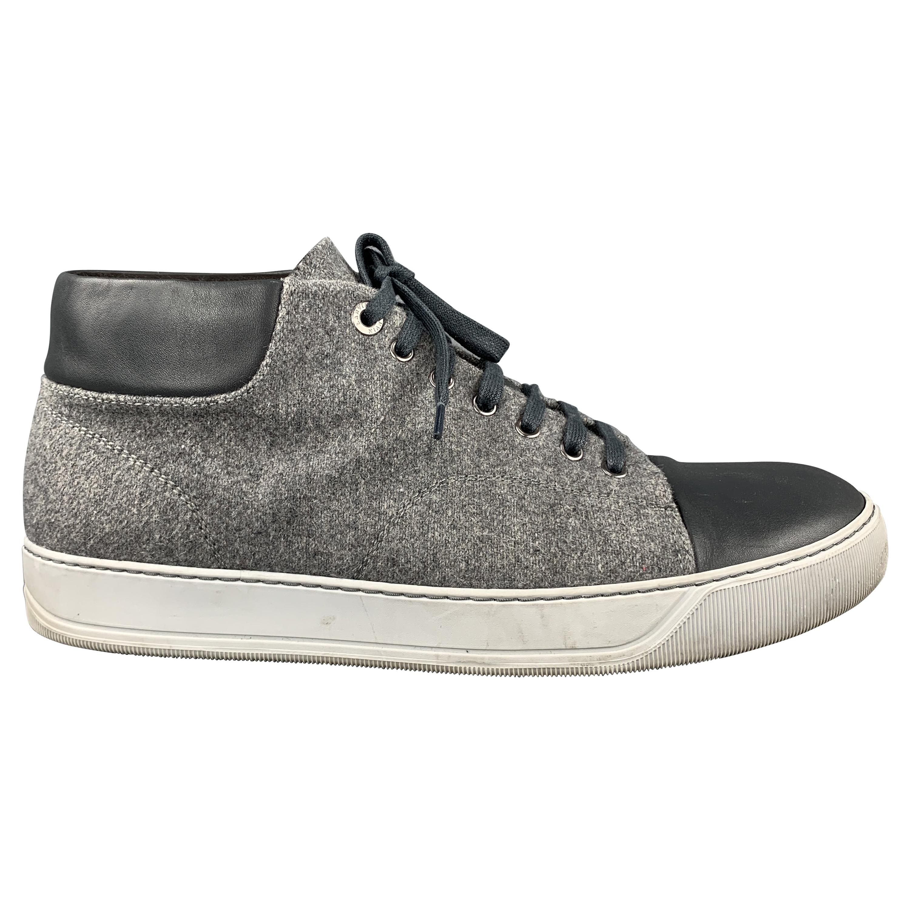 LANVIN Size 11 Gray Wool Lace Up Leather Cap Toe Sneakers