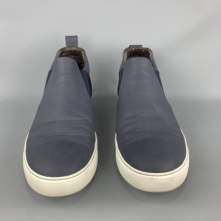 LANVIN Size 11 S Navy Blue Leather Pull On White Sole Sneakers at 1stDibs