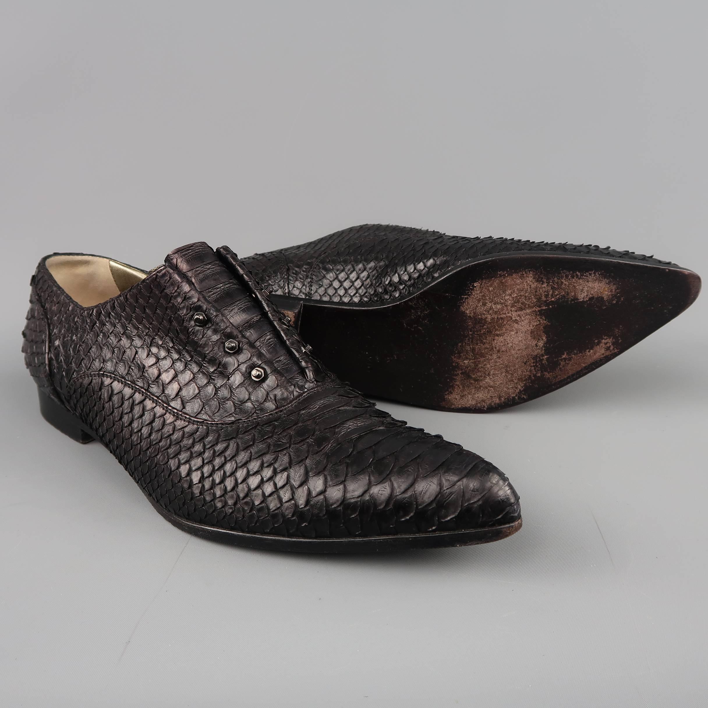 LANVIN Size 12 Black SNake Skin Pointed Screw Oxford Flats In Good Condition In San Francisco, CA