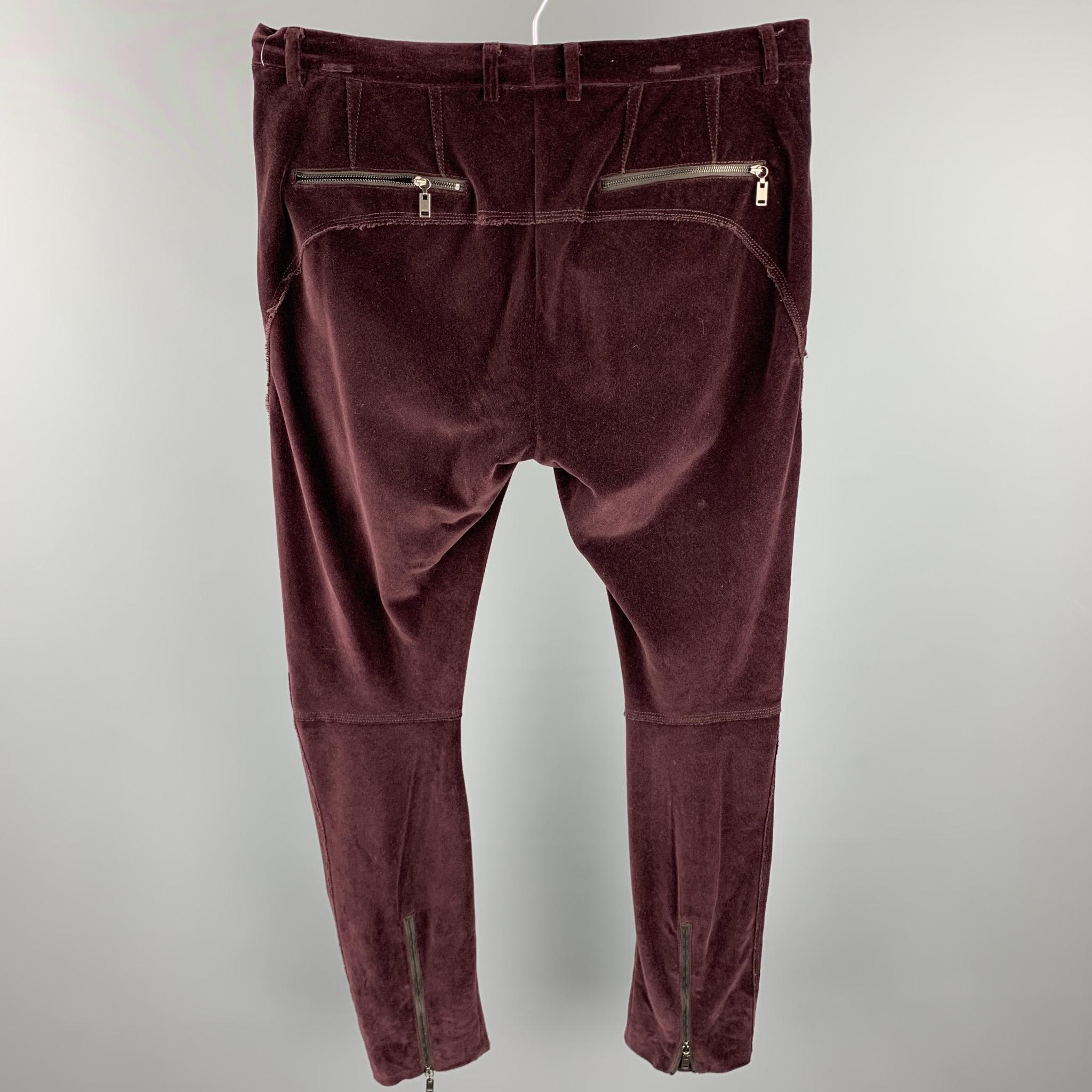 Black LANVIN Size 32 Burgundy Solid Cotton Velvet Zip Up Casual Pants