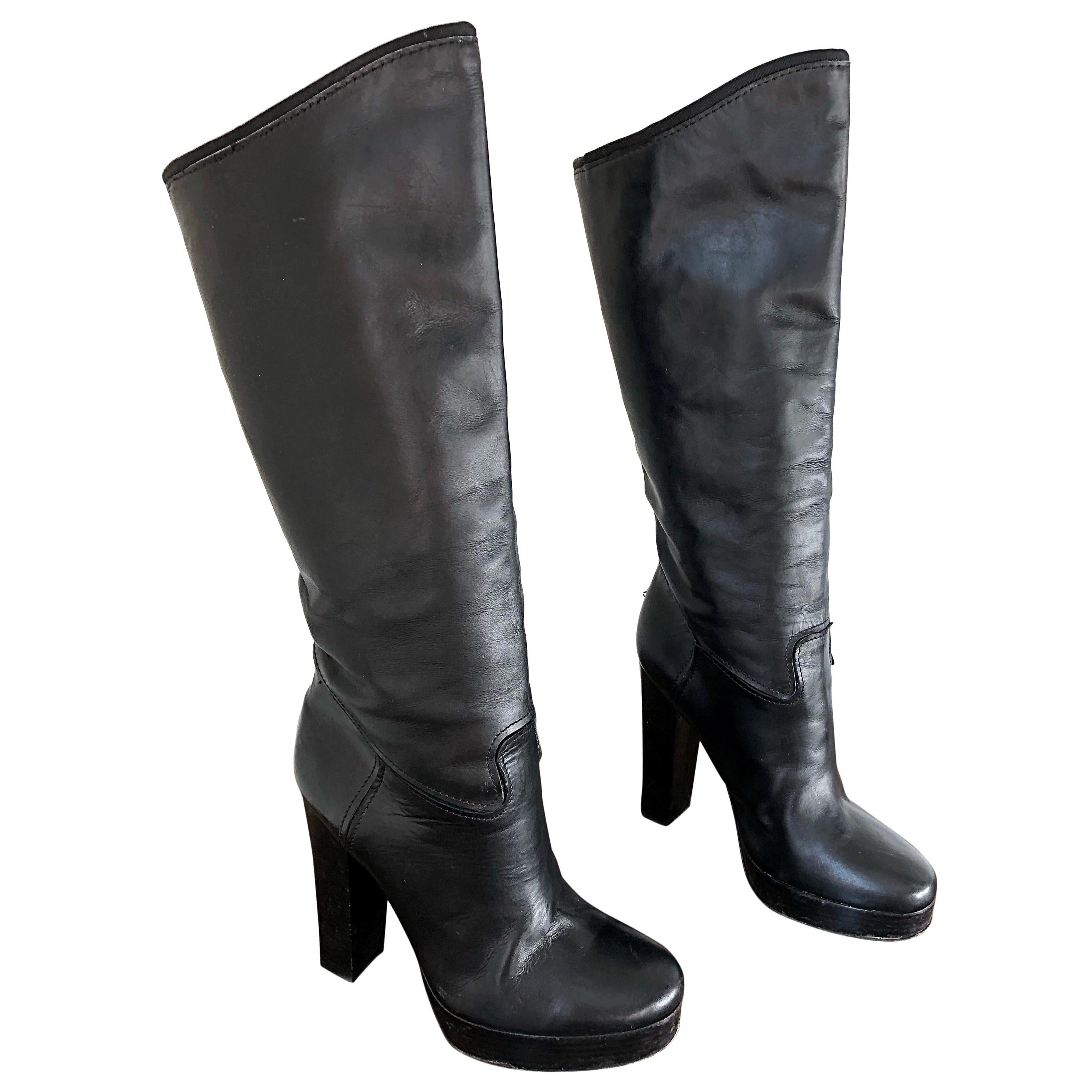 Lanvin Size 35 / 5 Black Leather High Stacked Heel Knee High Boots / Shoes