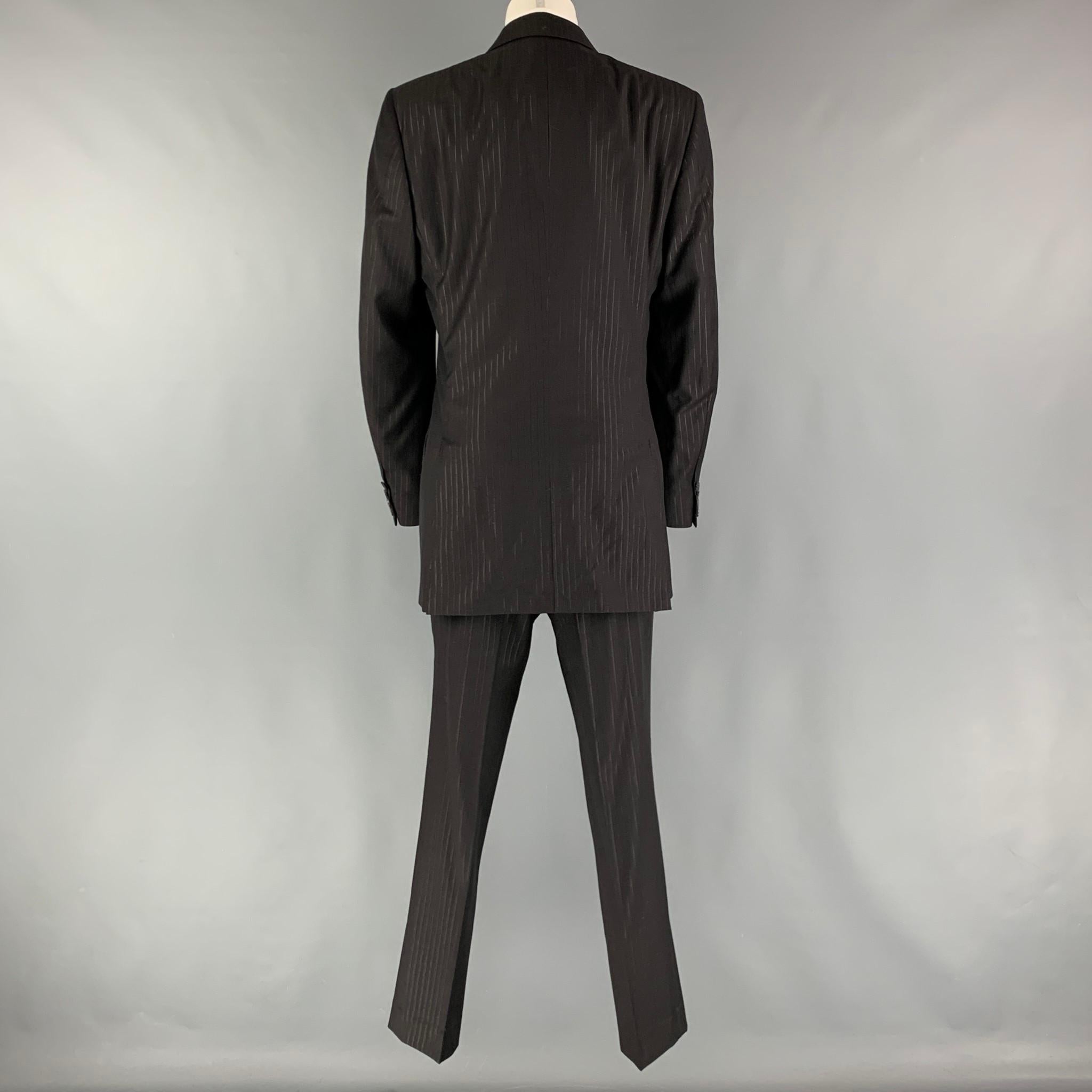 LANVIN Size 36 Black Stripe Wool Peak Lapel 30 28 Suit 1