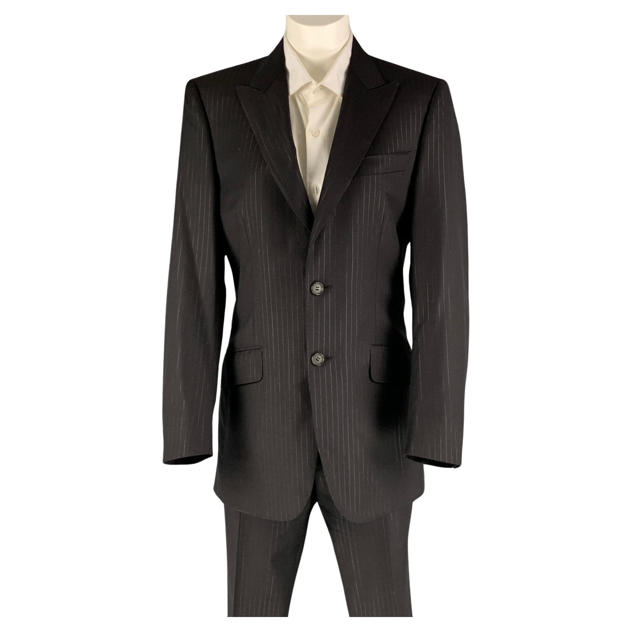 LANVIN Size 36 Black Stripe Wool Peak Lapel 30 28 Suit