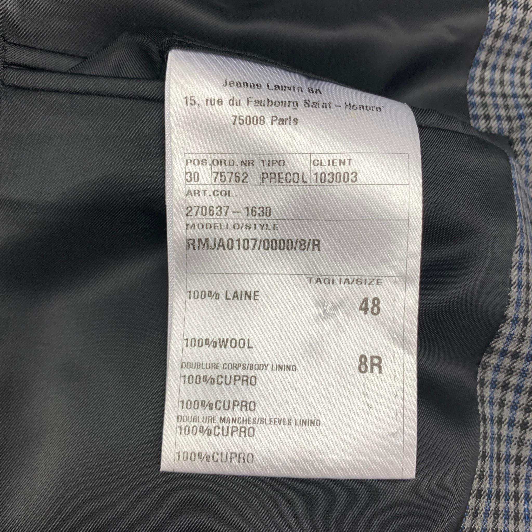 Men's LANVIN Size 38 Grey Black Blue Plaid Wool Notch Lapel Sport Coat