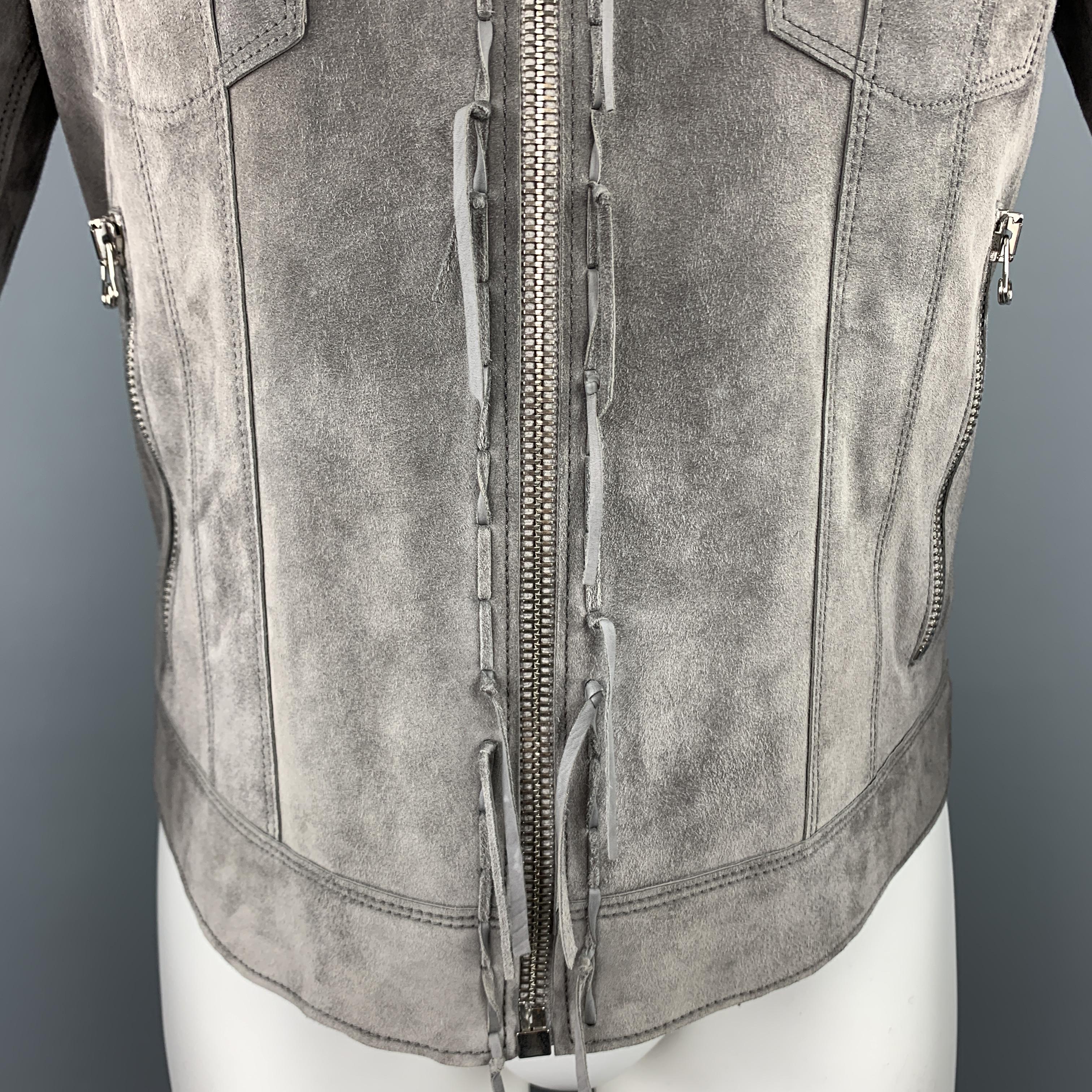 Gray LANVIN Size 38 Grey Suede Fringe Trim Striped Knit Collar Jacket