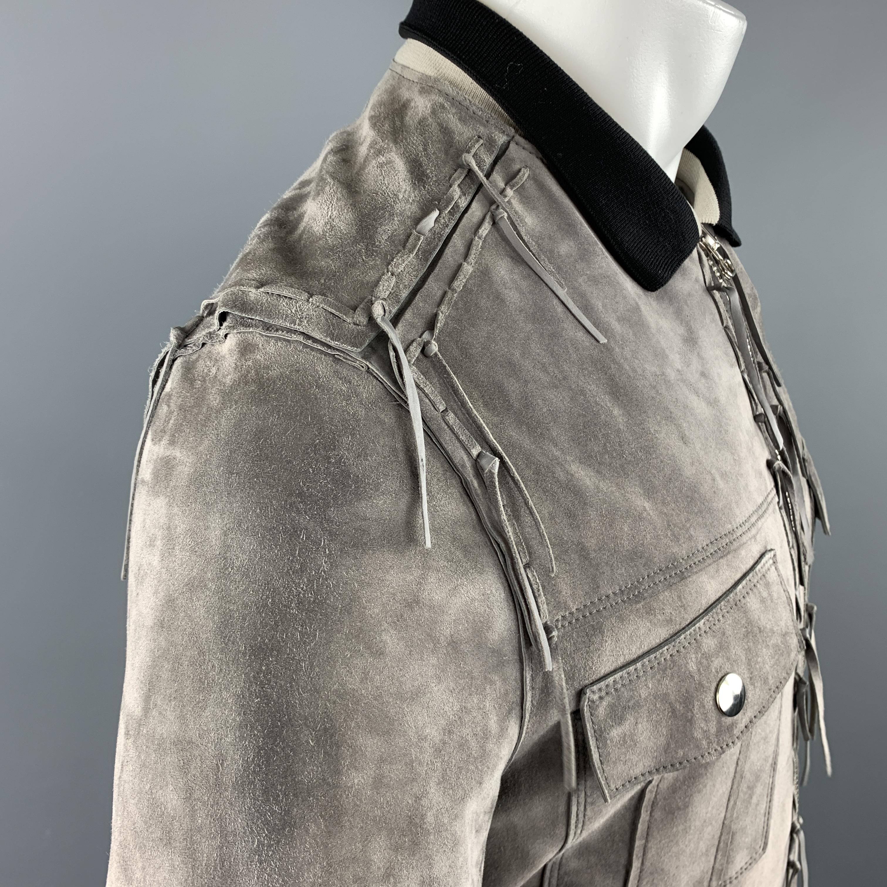 Men's LANVIN Size 38 Grey Suede Fringe Trim Striped Knit Collar Jacket