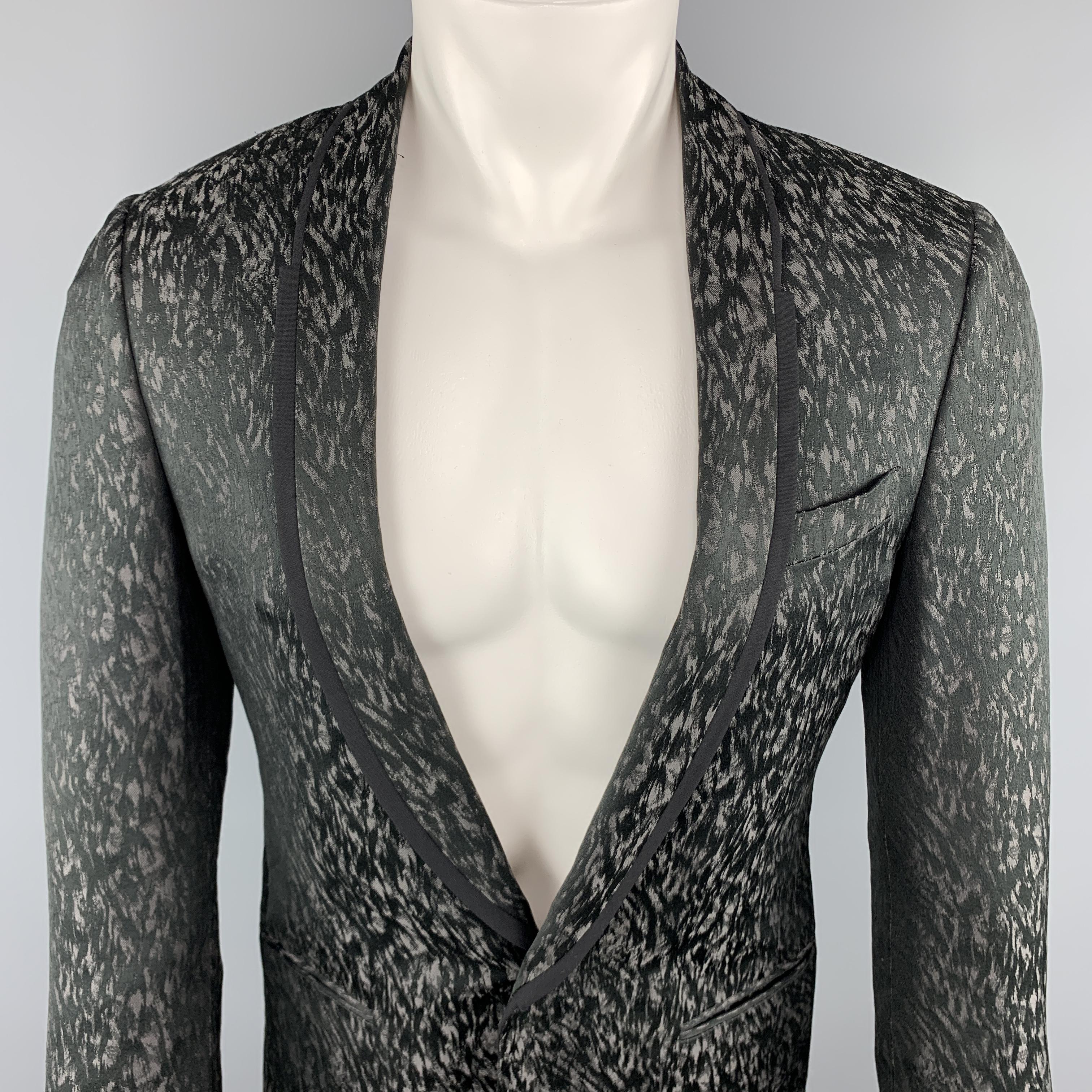 LANVIN Sport Coat comes in black and grey tones in a woven animal print cotton blend material, with a shawl collar, a black trim, slit pockets, a single button at closure, single breasted, buttoned cuffs and a single vent at back. Made in