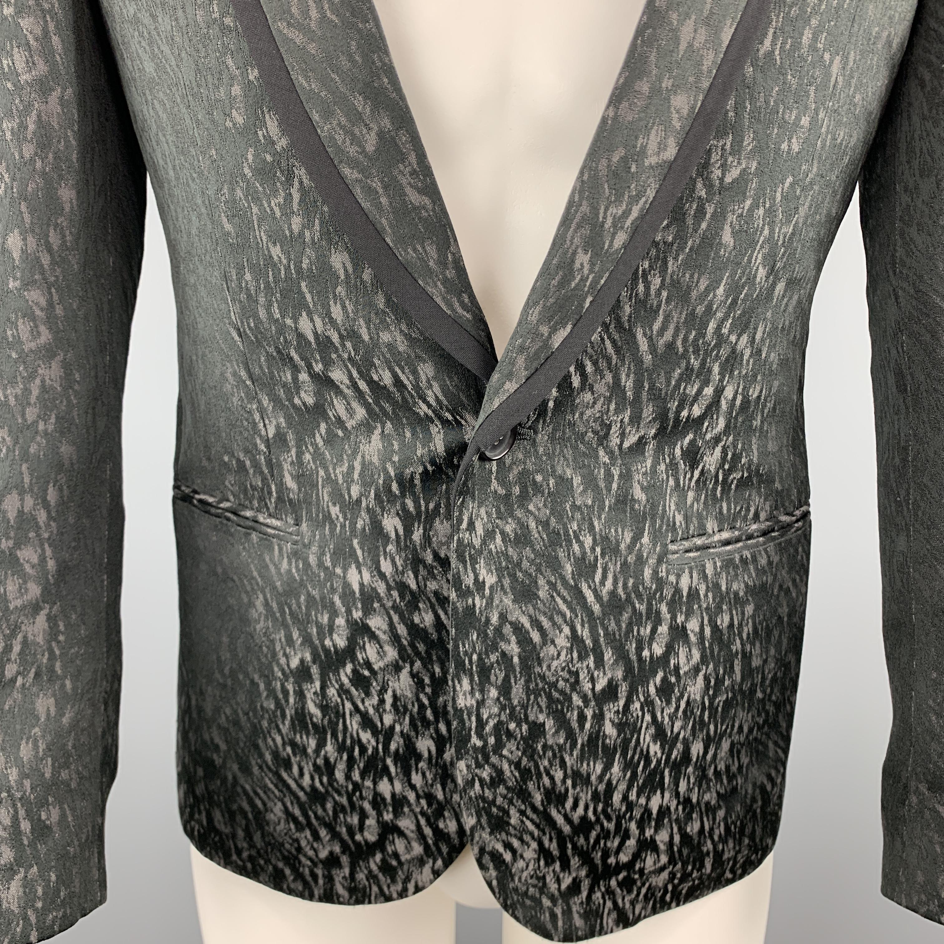 Men's LANVIN Size 38 Regular Animal Print Woven Black & Grey Shawl Collar Sport Coat