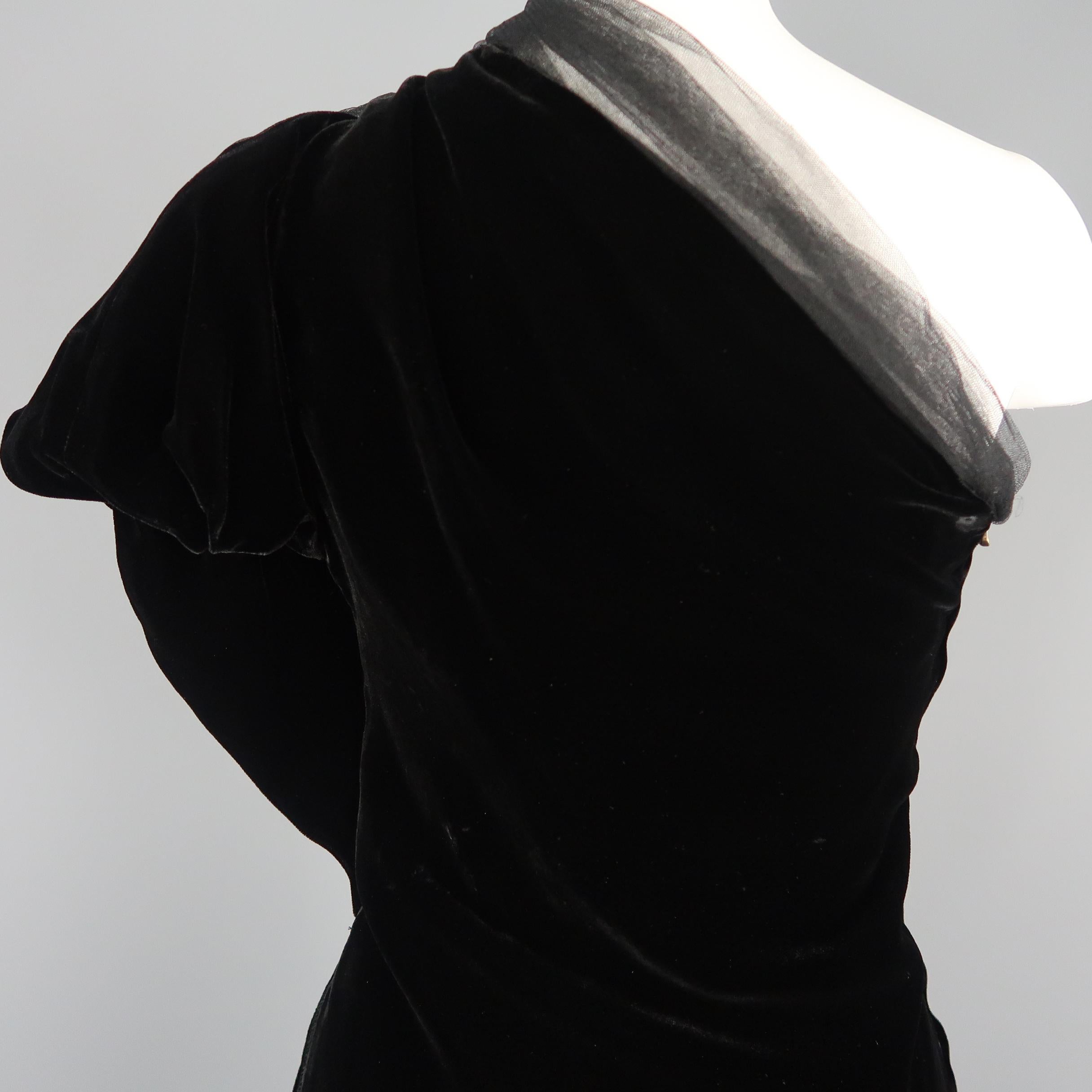 LANVIN Size 4 Black Asymmetrical Draped Velvet Tulle One Shoulder Cocktail Dress 6