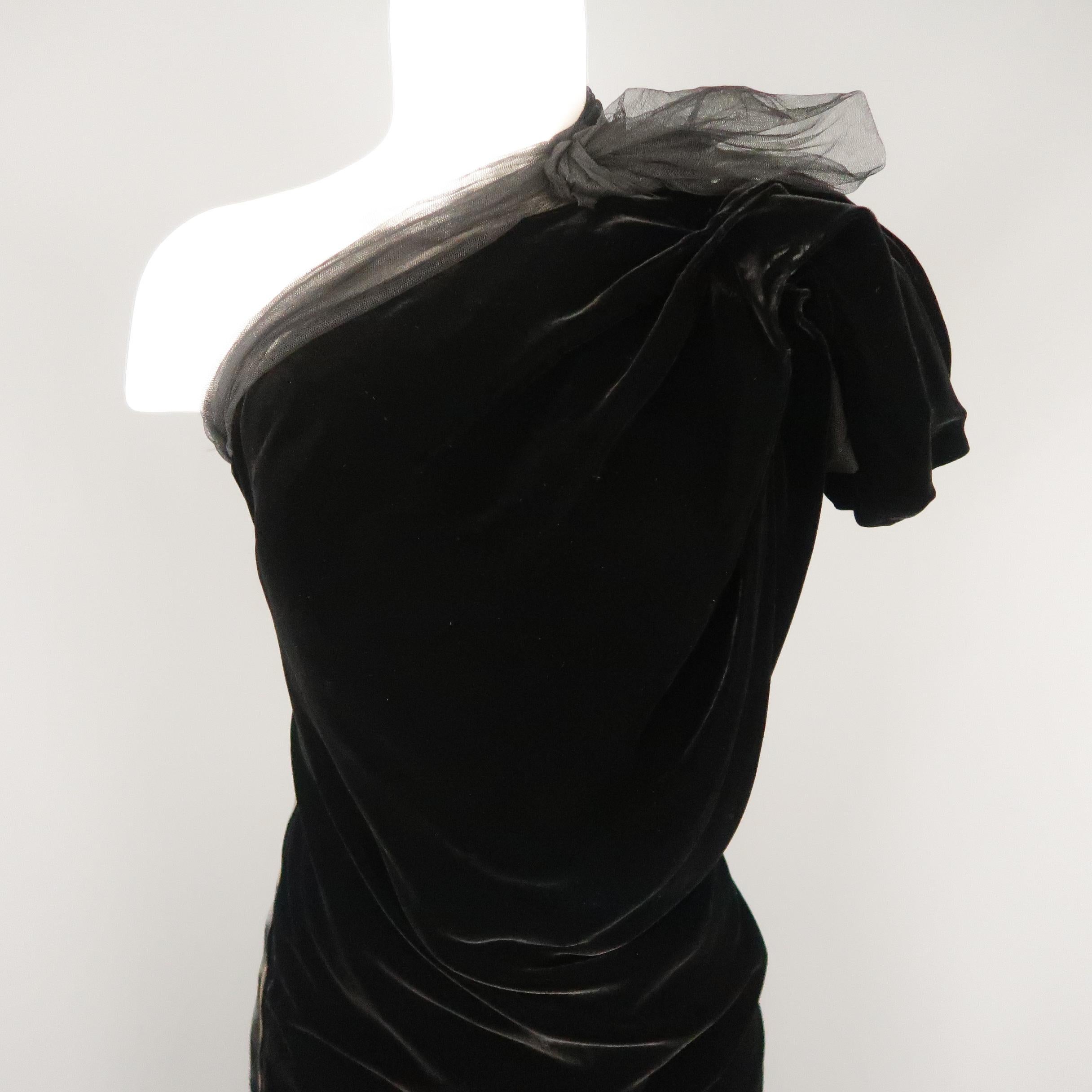 LANVIN Size 4 Black Asymmetrical Draped Velvet Tulle One Shoulder Cocktail Dress In Excellent Condition In San Francisco, CA