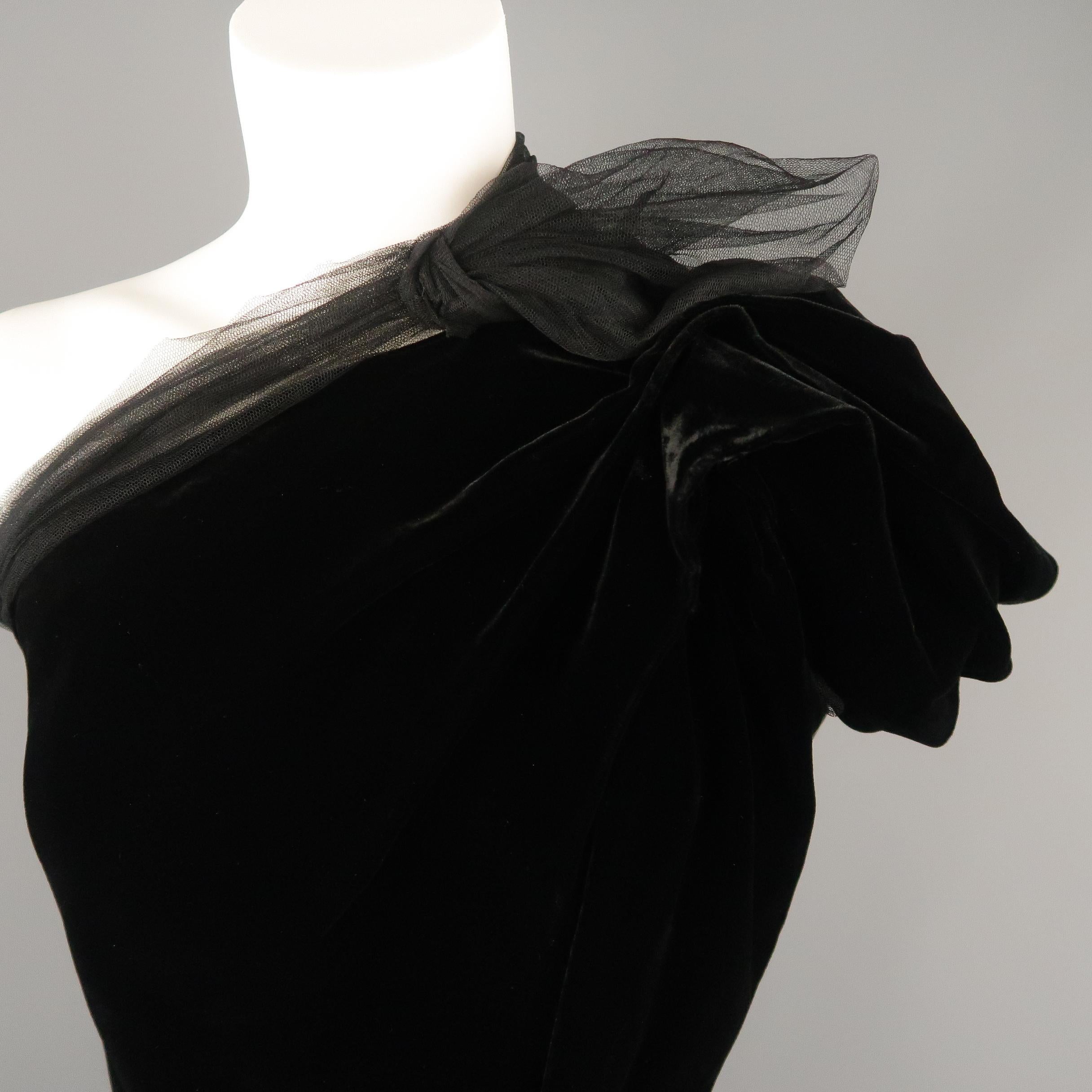LANVIN Size 4 Black Asymmetrical Draped Velvet Tulle One Shoulder Cocktail Dress 2