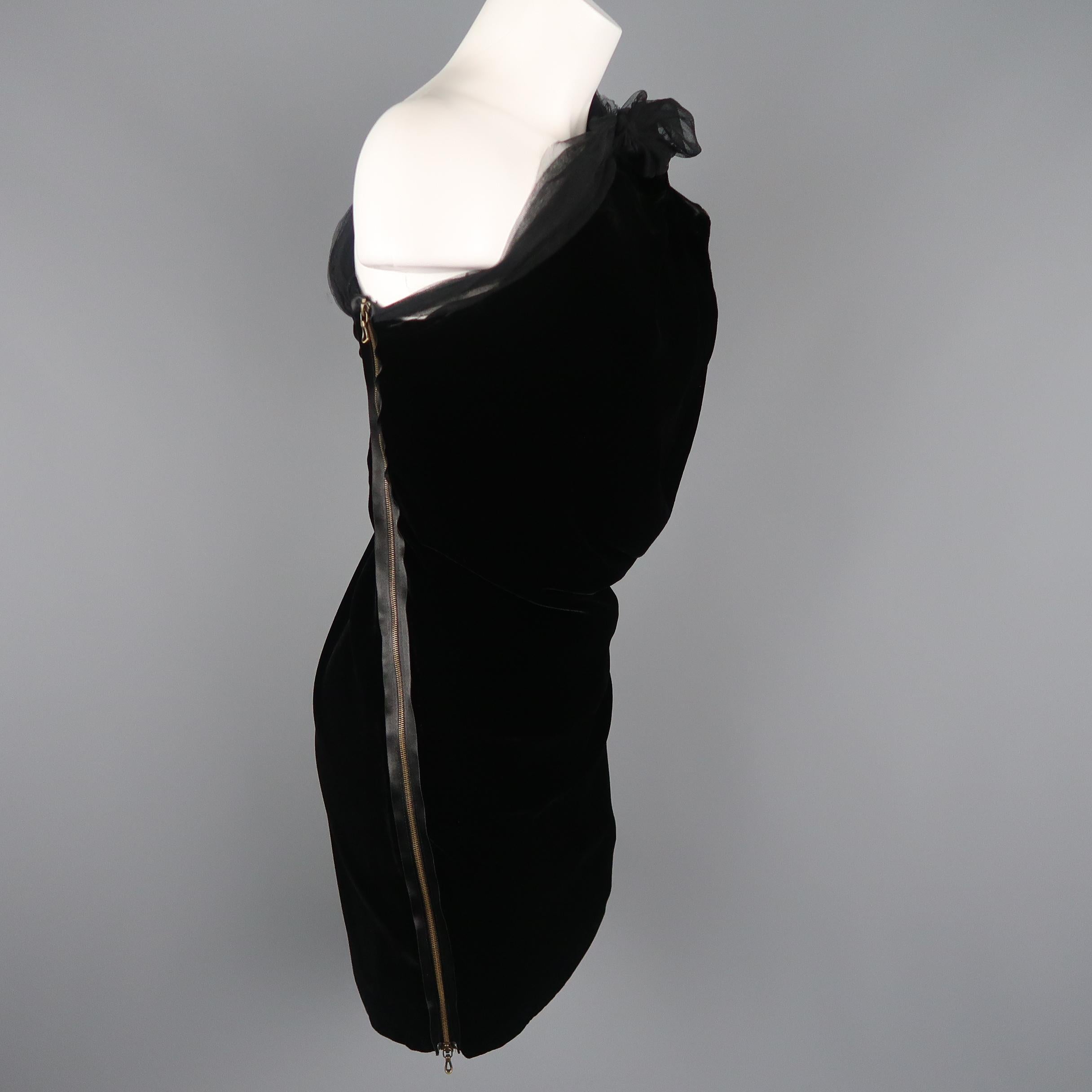 LANVIN Size 4 Black Asymmetrical Draped Velvet Tulle One Shoulder Cocktail Dress 4