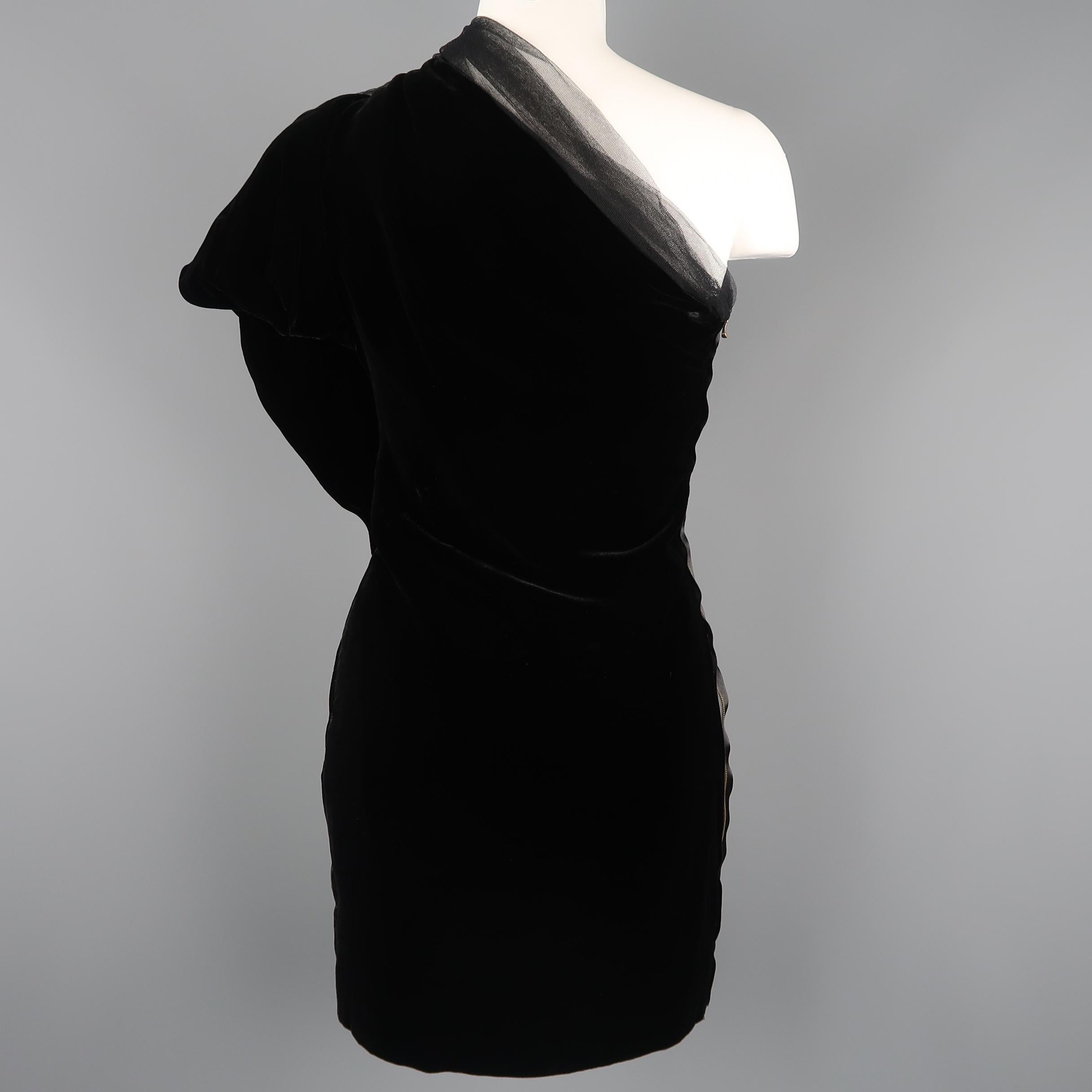 LANVIN Size 4 Black Asymmetrical Draped Velvet Tulle One Shoulder Cocktail Dress 5