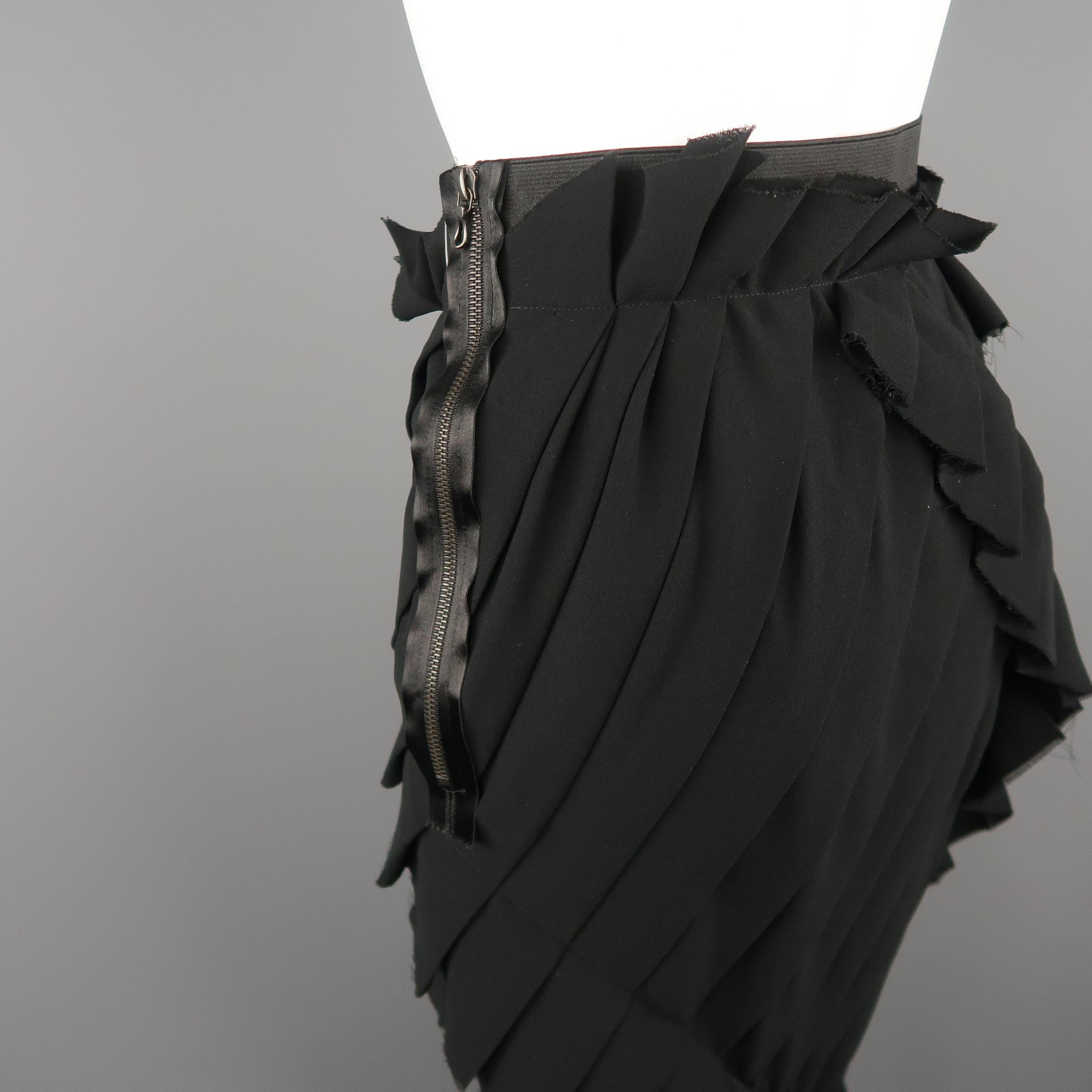 LANVIN Size 4 Black Asymmetrical Raw Hem Pleat Midi Pencil Skirt Skirt 1