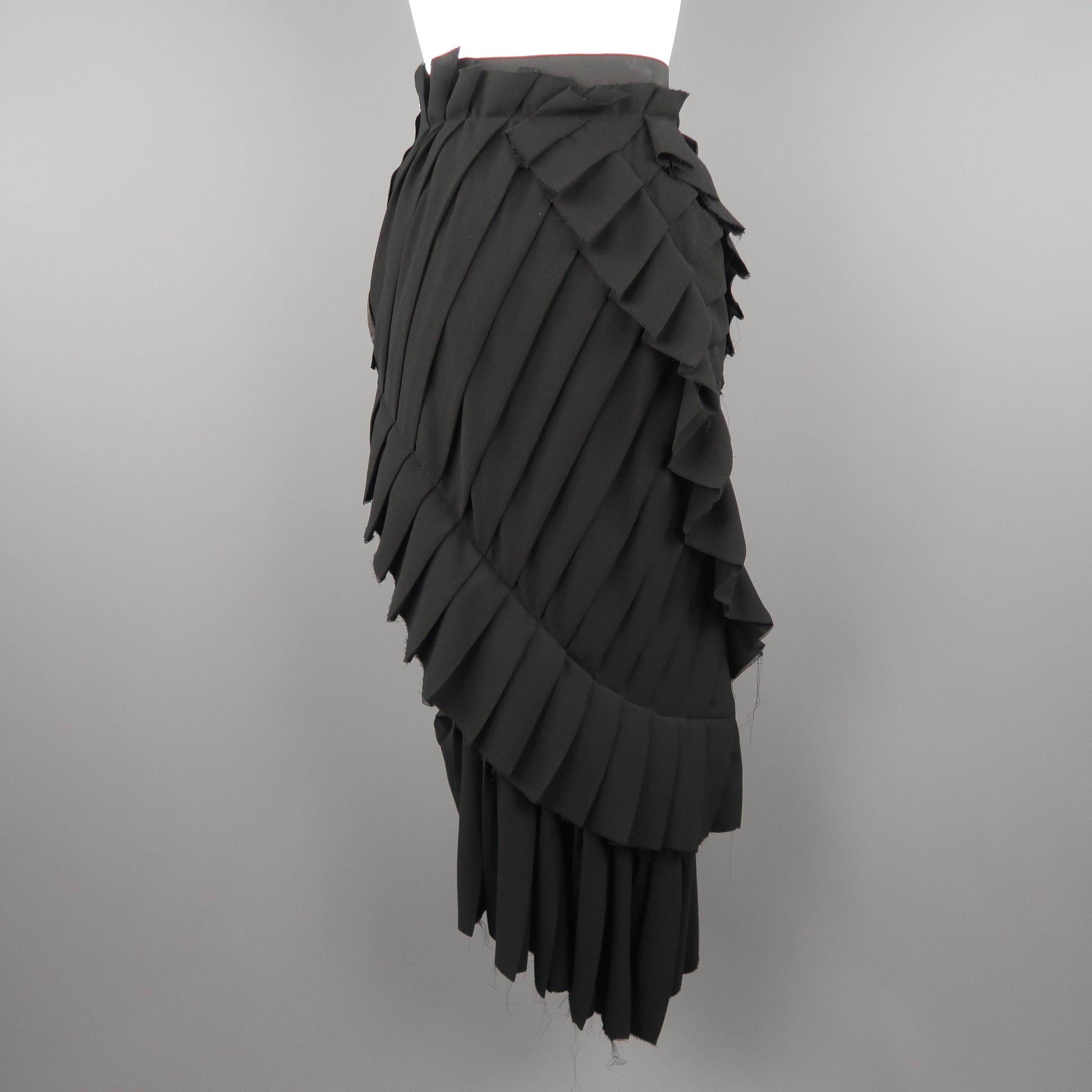 LANVIN Size 4 Black Asymmetrical Raw Hem Pleat Midi Pencil Skirt Skirt 2