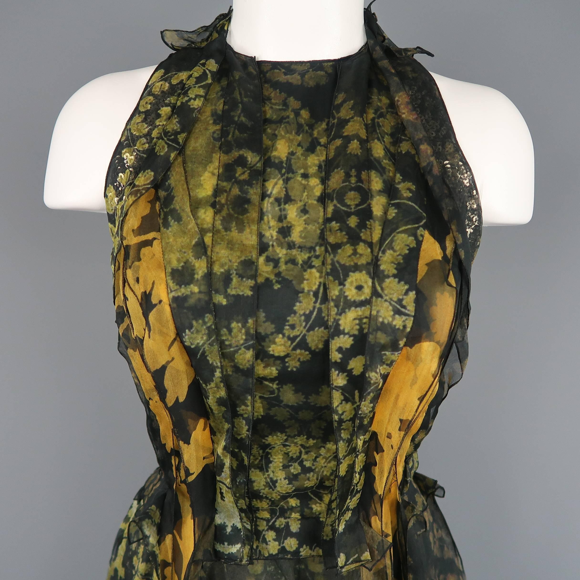 Lanvin Green and Gold Floral Silk Chiffon Cocktail Dress, Spring 2015 Runway  In Excellent Condition In San Francisco, CA
