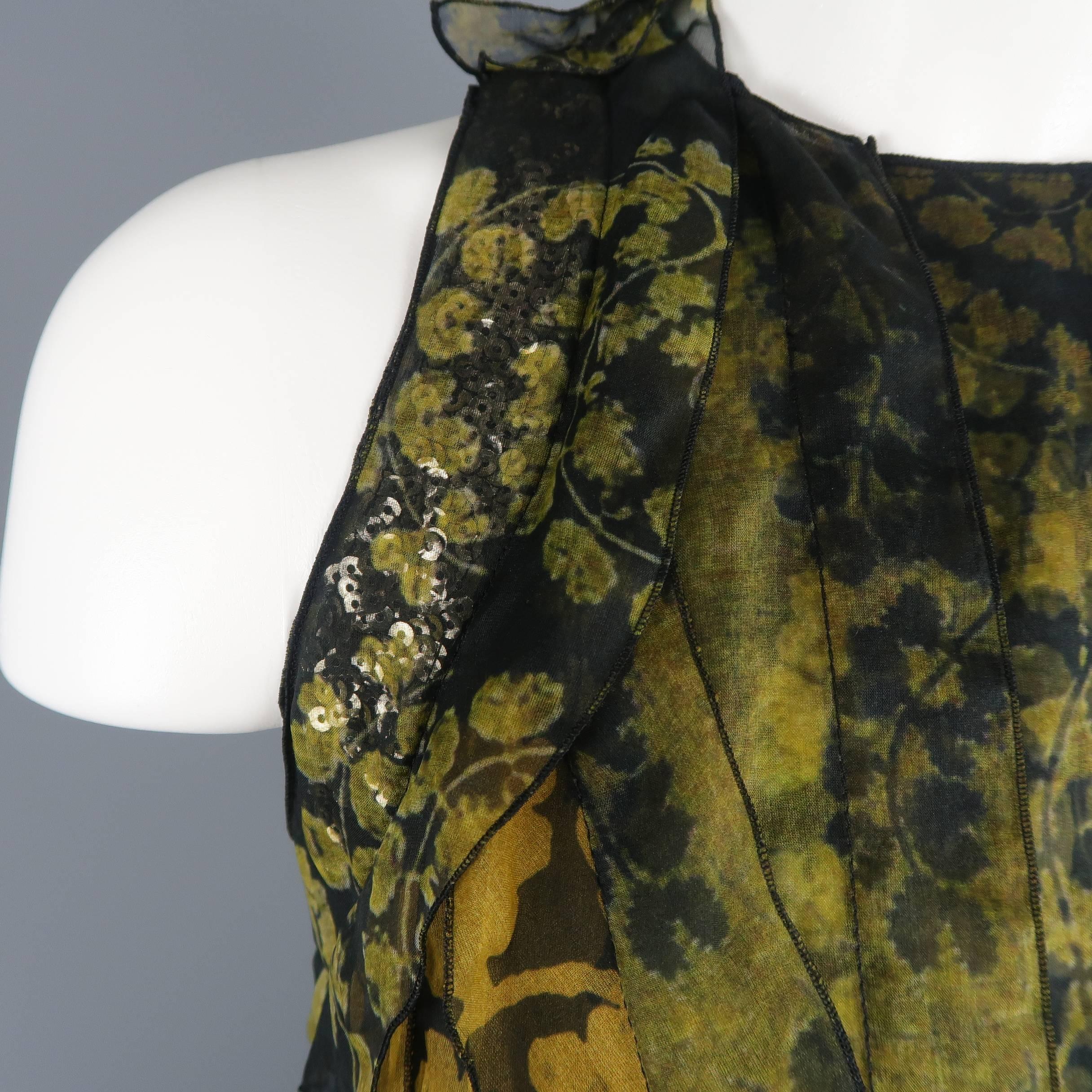 Women's Lanvin Green and Gold Floral Silk Chiffon Cocktail Dress, Spring 2015 Runway 