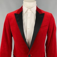 LANVIN Size 40 Regular Red Black Velvet Cotton Peak Lapel Sport Coat