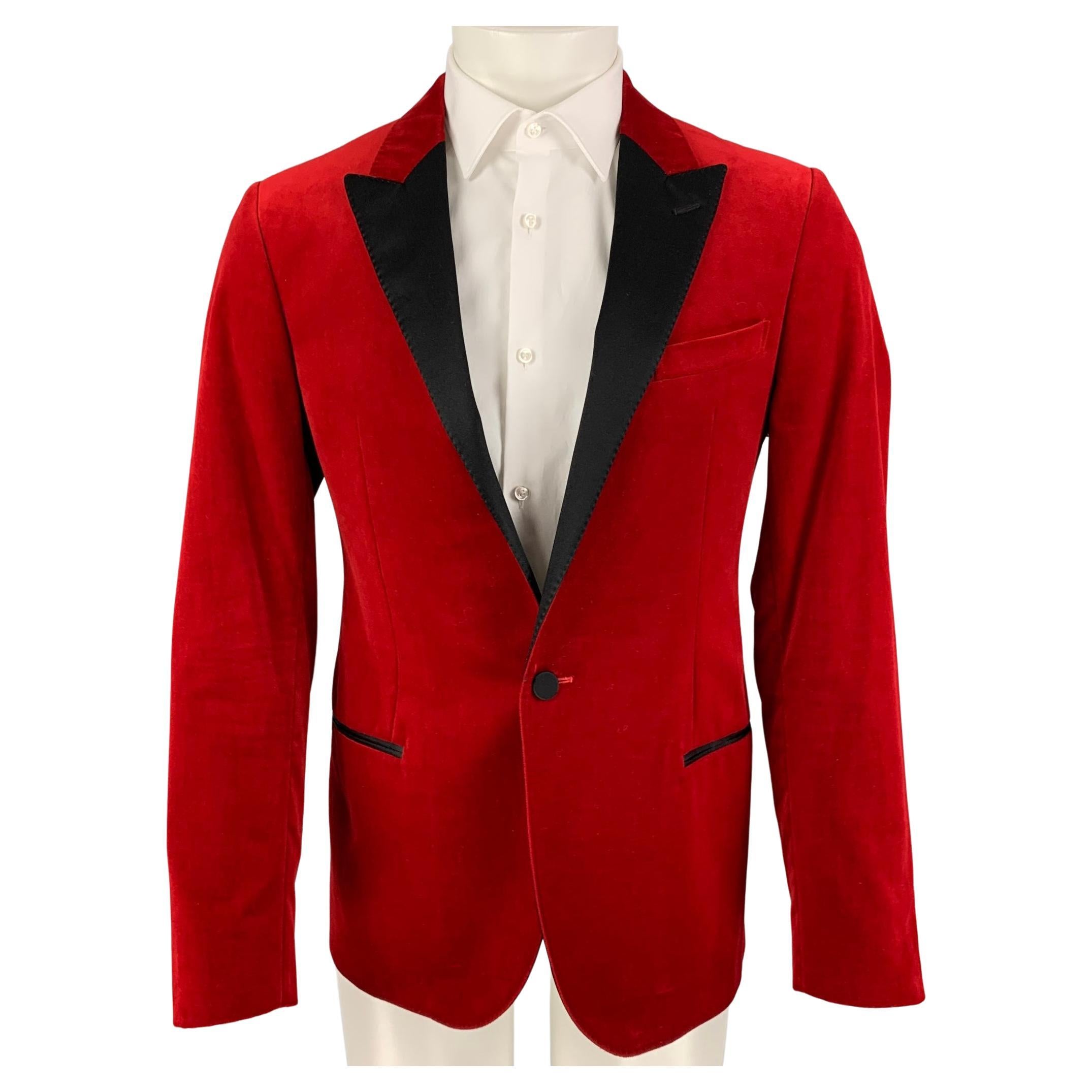 LANVIN Size 40 Regular Red Black Velvet Cotton Peak Lapel Sport Coat