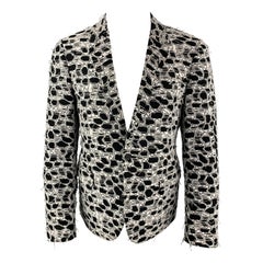 LANVIN Size 42 Black & White Frayed Geometric Jacquard Notch Lapel Sport Coat