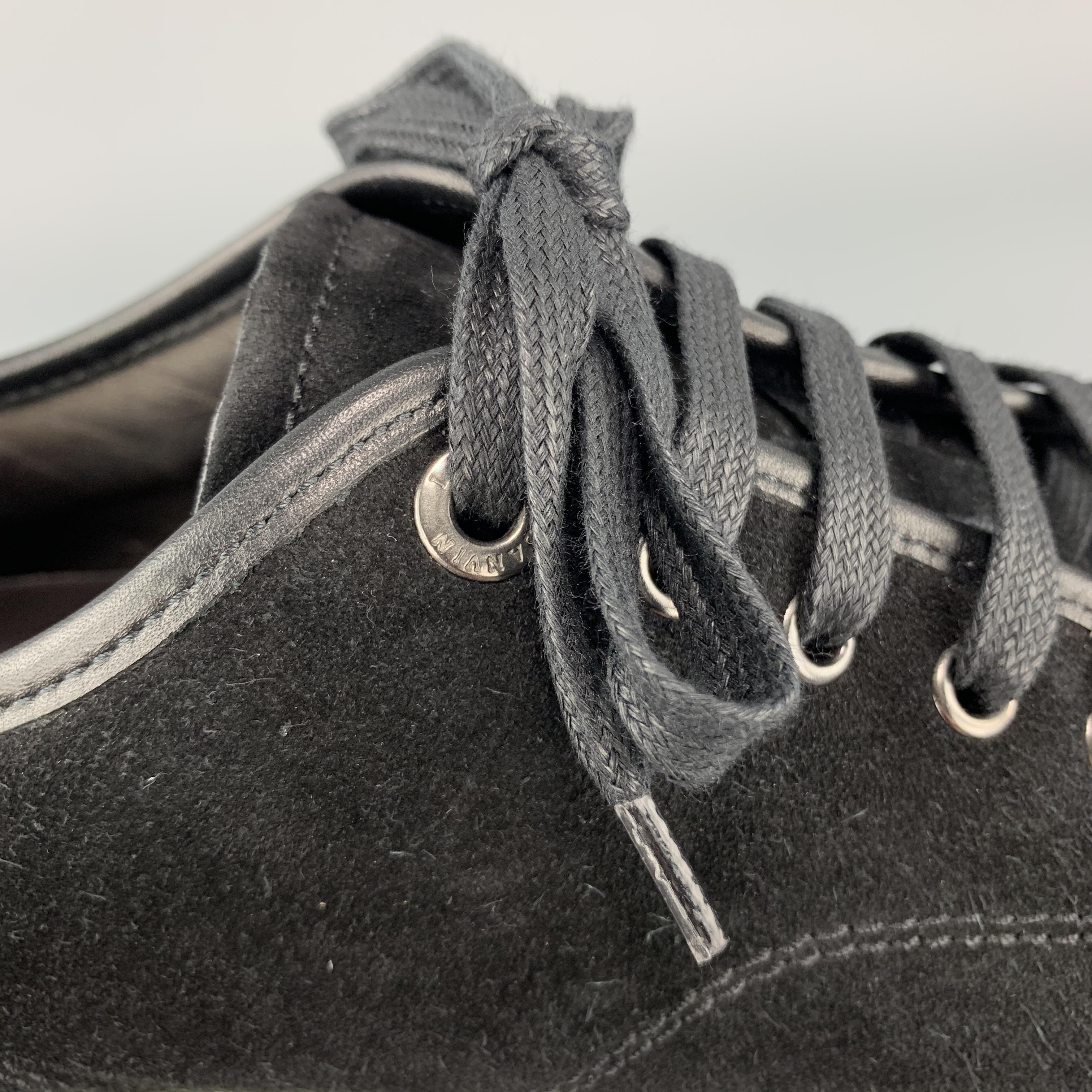 Men's LANVIN Size 6 Black Suede Patent Toe Cap Lace Up Sneakers